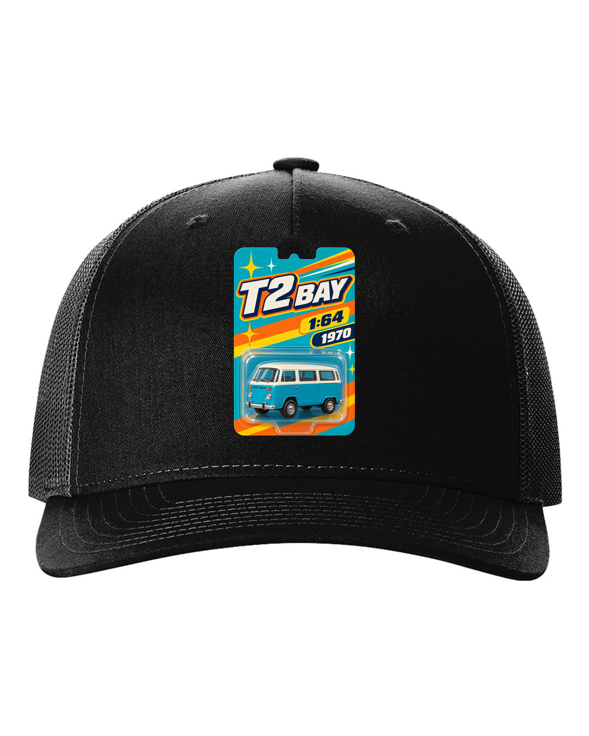 Toy-card blister pack style print of a 1970 VW Bus T2 bay window at 1:64 black hat front view with the design