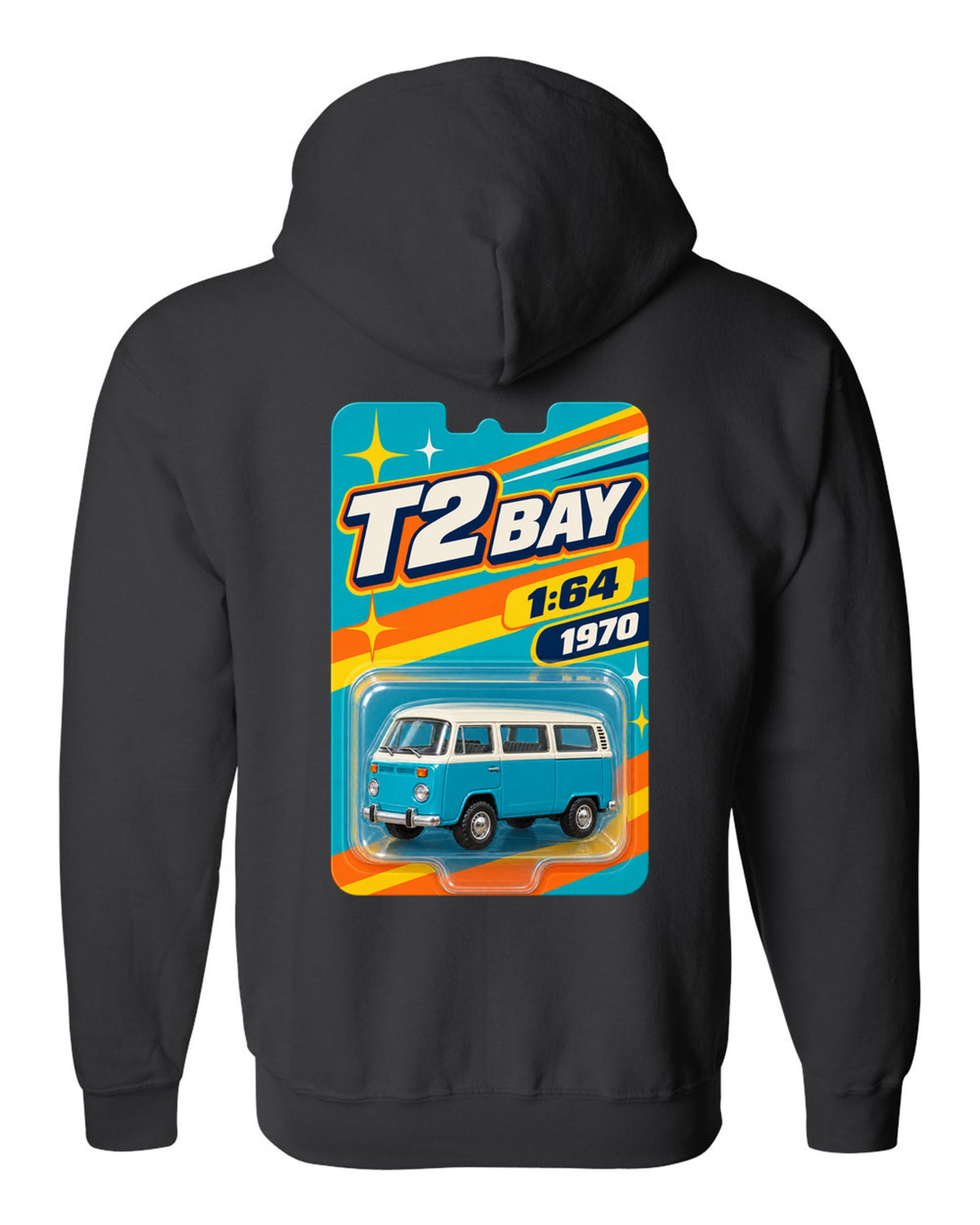 Toy-card blister pack style print of a 1970 VW Bus T2 bay window at 1:64 black zip hoodie back view with the design