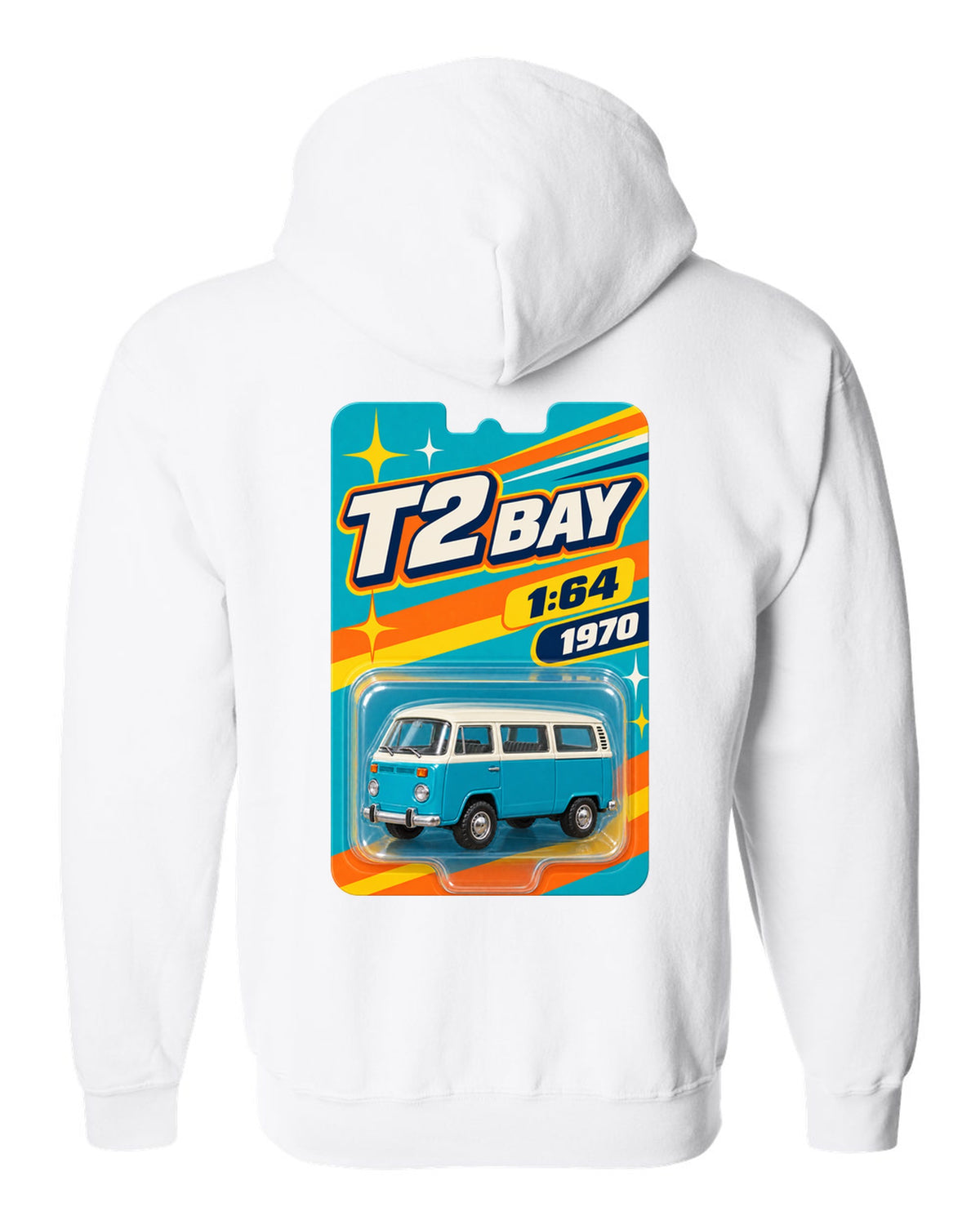 Toy-card blister pack style print of a 1970 VW Bus T2 bay window at 1:64 white zip hoodie back view with the design
