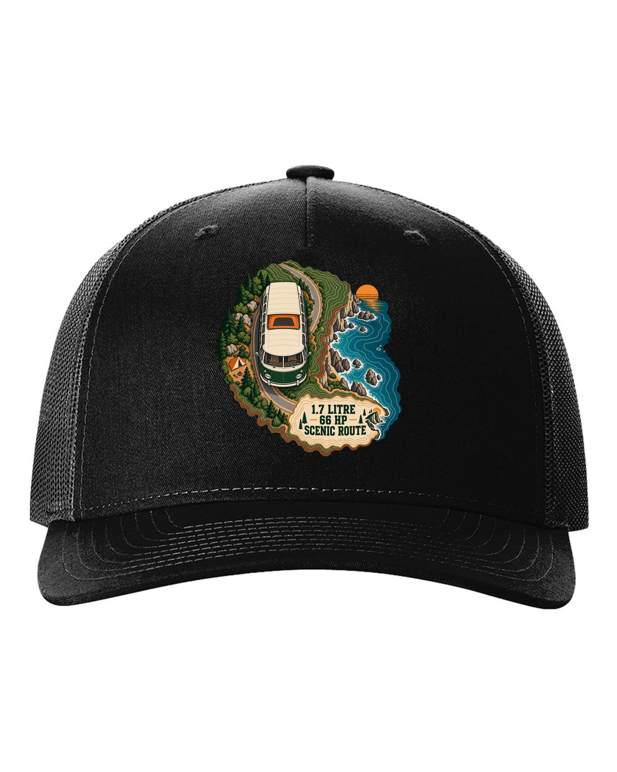 Topographic route map print of a 1972 VW Bus T2 bay window with scenic route lettering black hat front view with the design