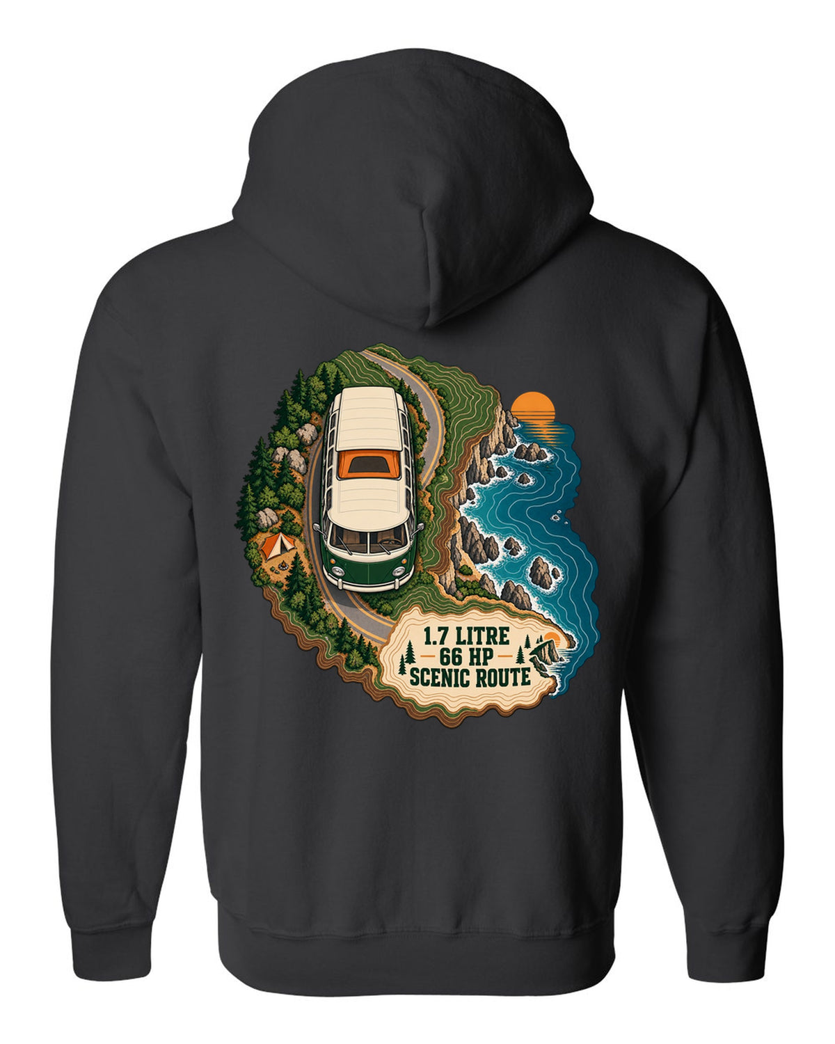 Topographic route map print of a 1972 VW Bus T2 bay window with scenic route lettering black zip hoodie back view with the design