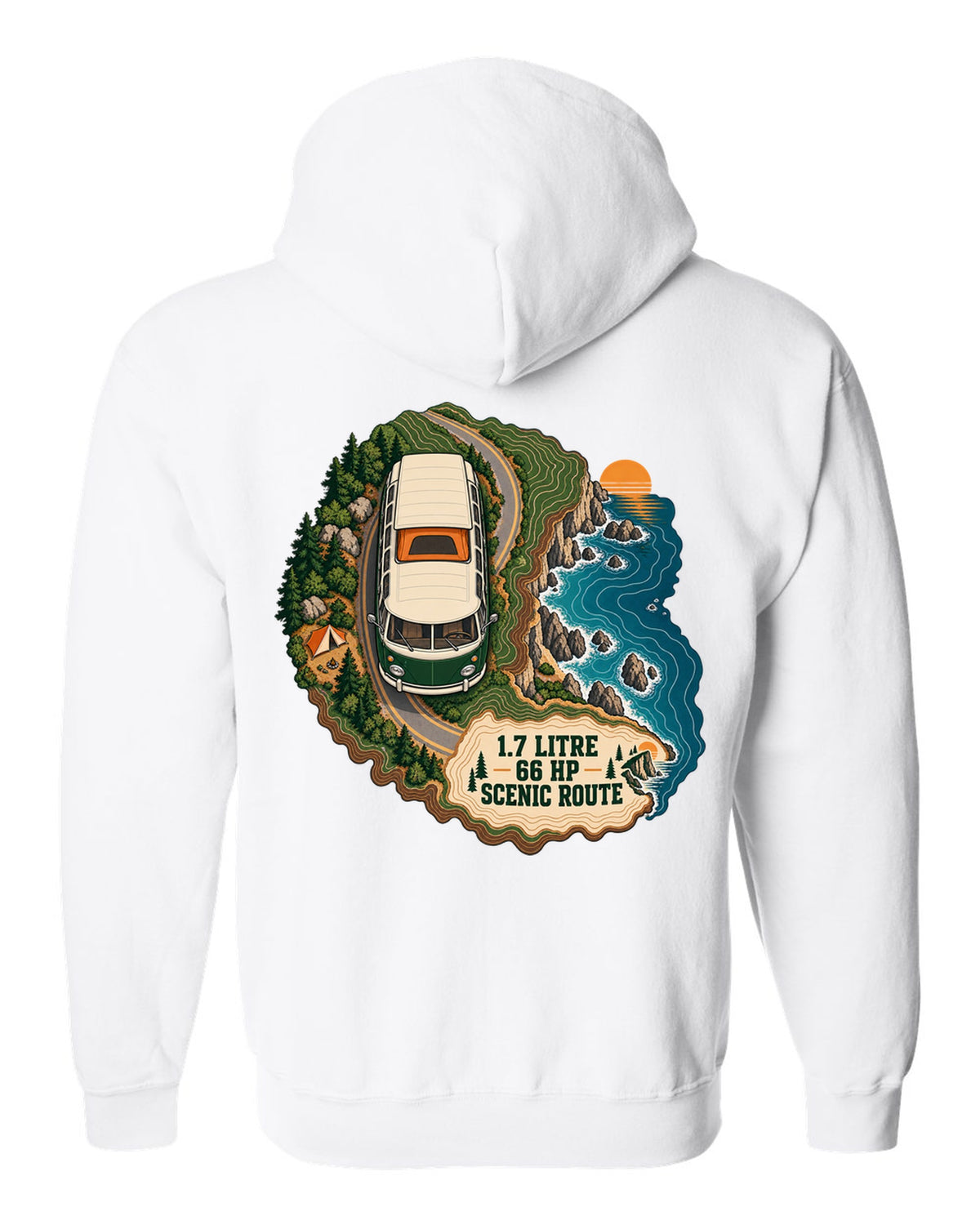 Topographic route map print of a 1972 VW Bus T2 bay window with scenic route lettering white zip hoodie back view with the design