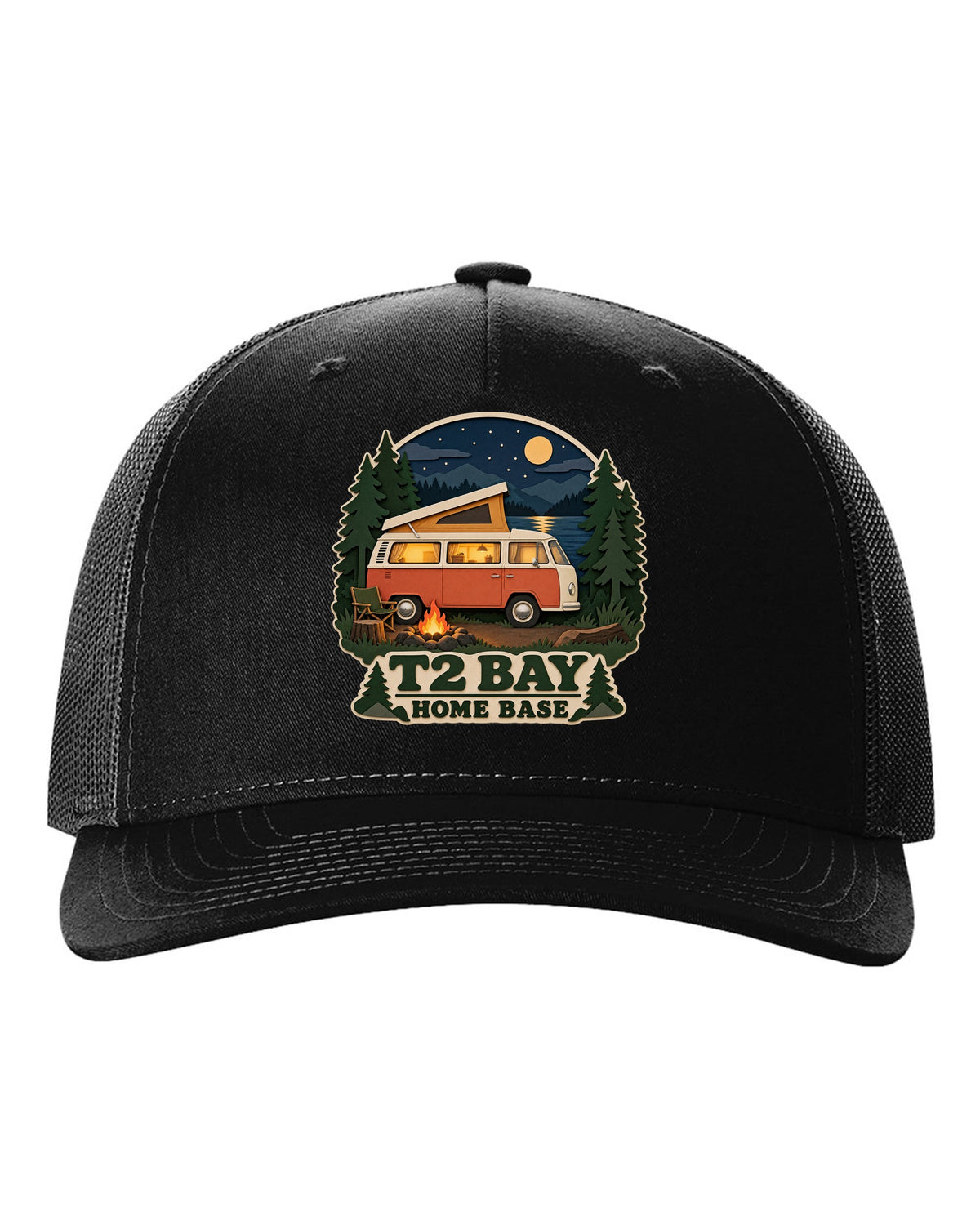 Layered paper-cutout shadow box print of a VW Bus T2 bay-window at a night camp black hat front view with the design