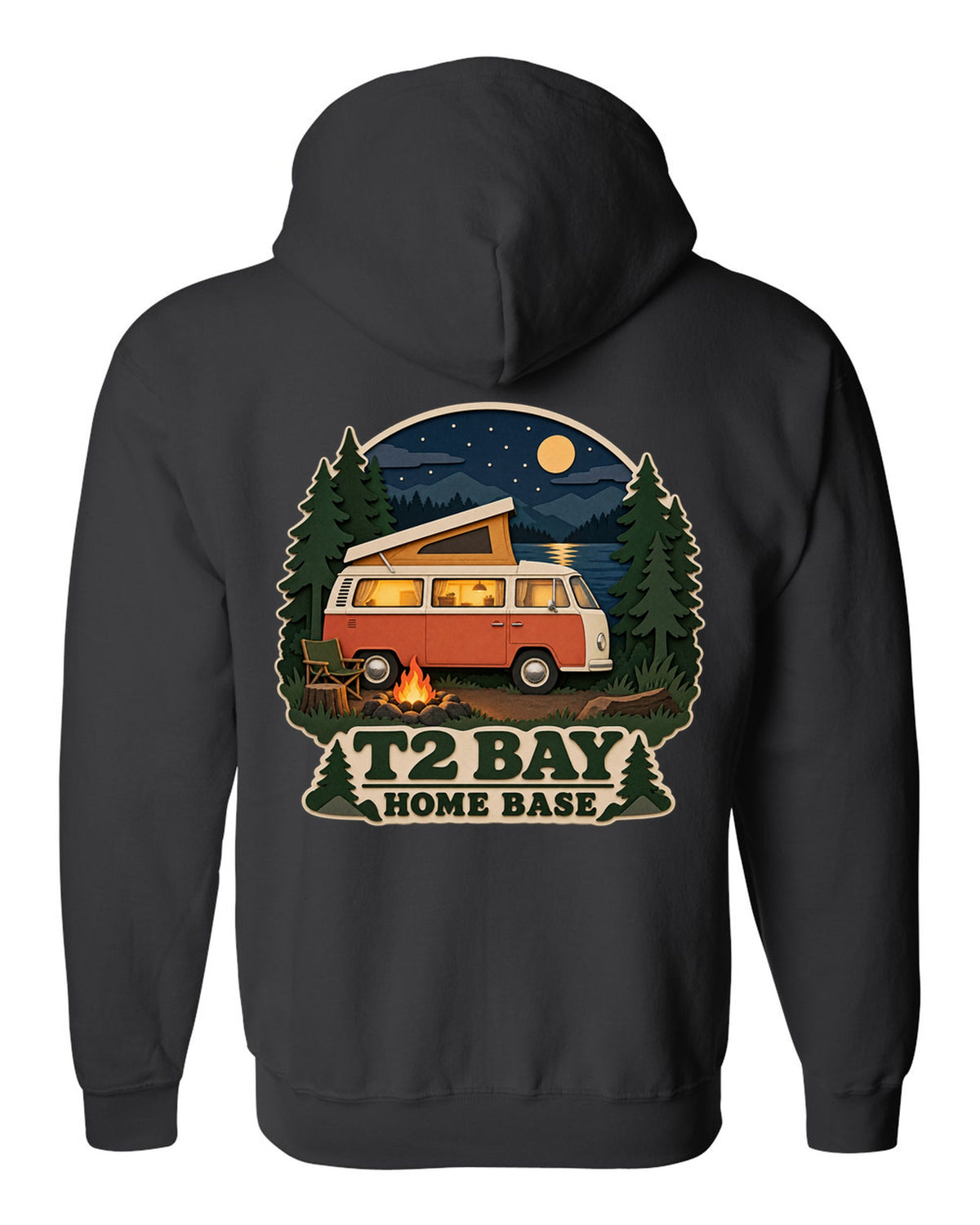 Layered paper-cutout shadow box print of a VW Bus T2 bay-window at a night camp black zip hoodie back view with the design