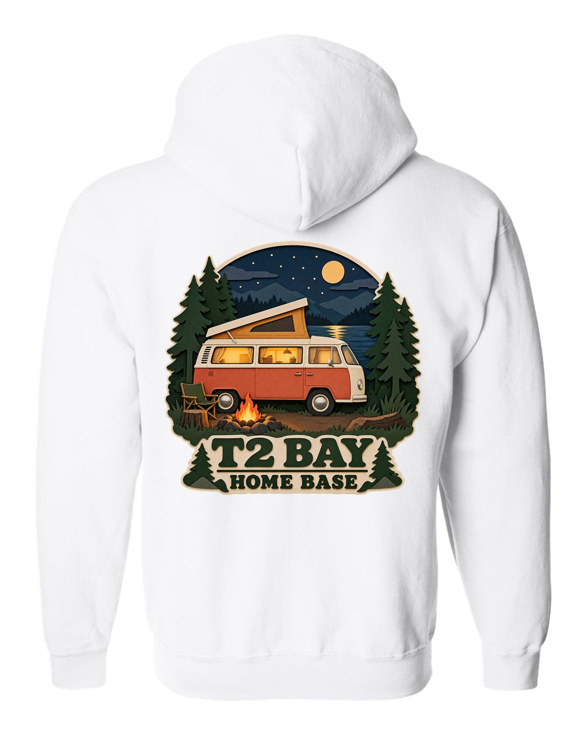 Layered paper-cutout shadow box print of a VW Bus T2 bay-window at a night camp white zip hoodie back view with the design