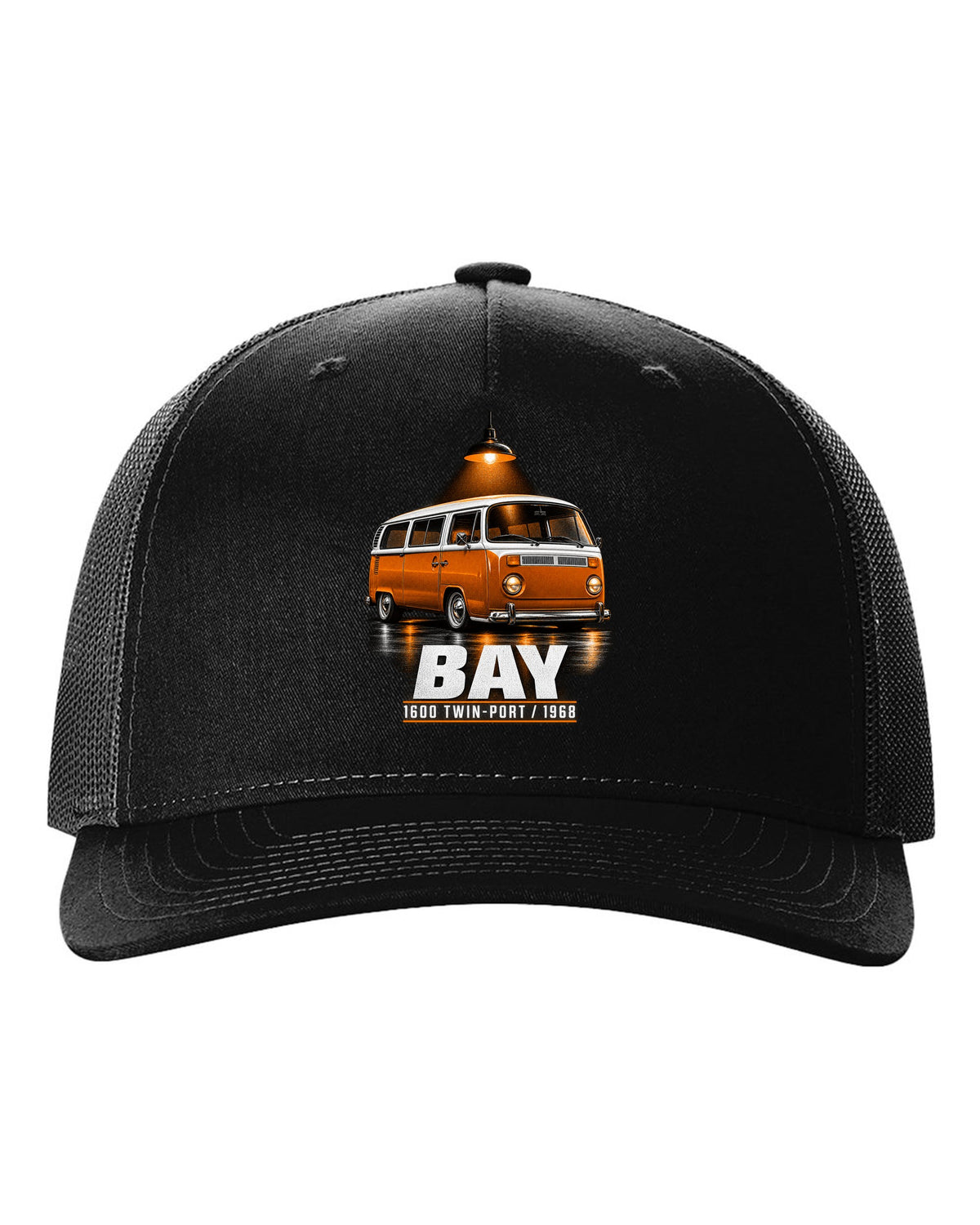 Garage night print of a 1968 VW T2 bay-window Type 2 bus black hat front view with the design