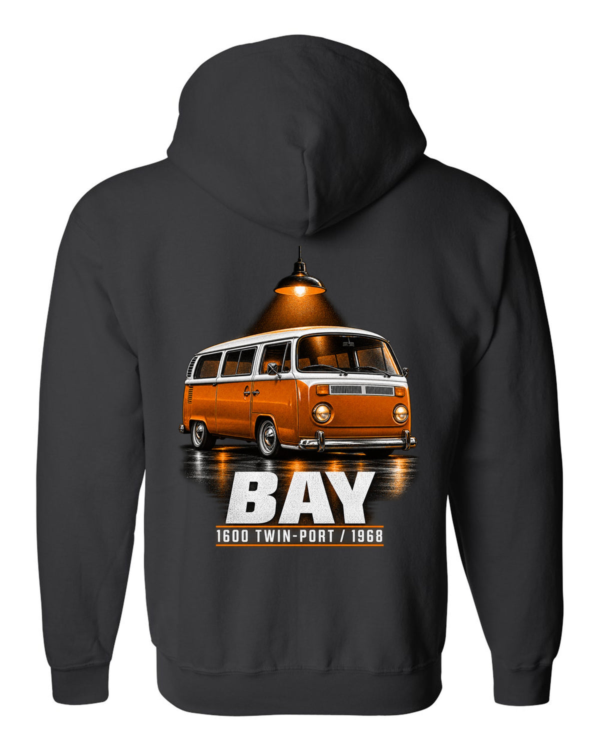 Garage night print of a 1968 VW T2 bay-window Type 2 bus black zip hoodie back view with the design