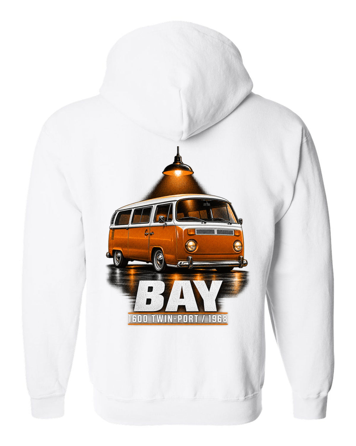 Garage night print of a 1968 VW T2 bay-window Type 2 bus white zip hoodie back view with the design