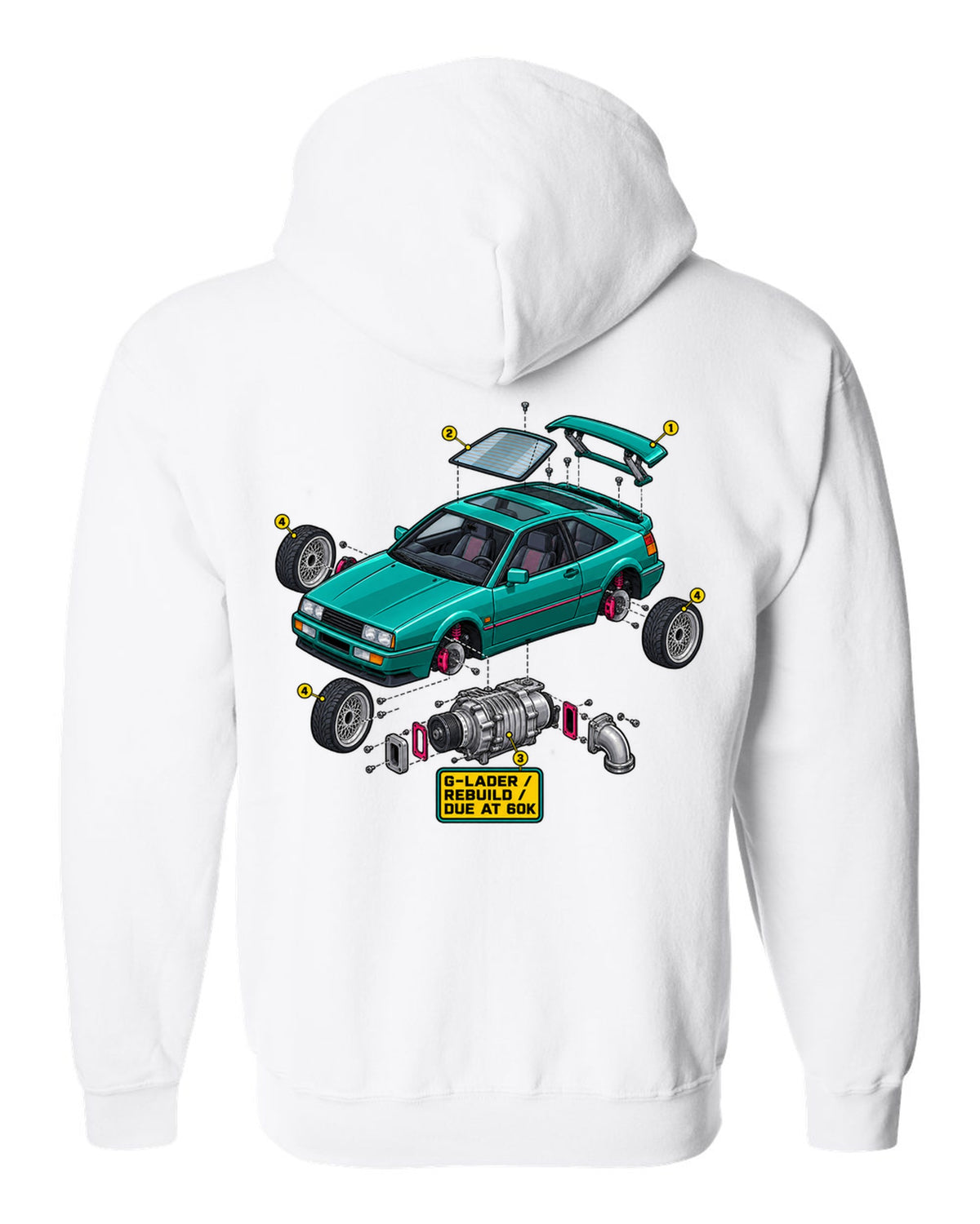 Exploded cutaway engine illustration of a VW Corrado G60 with G-Lader rebuild due at 60K text white zip hoodie back view with the design