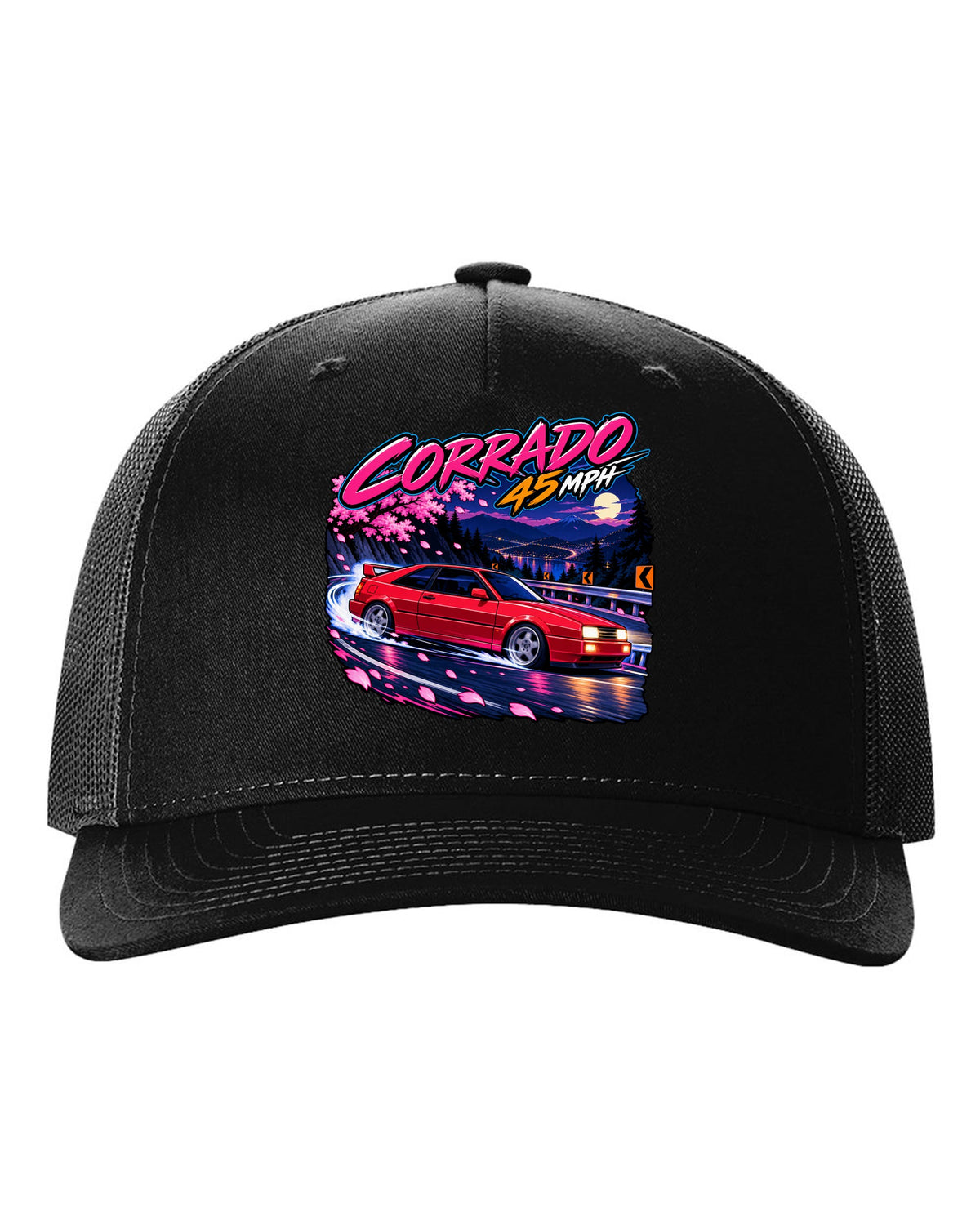 Cel-shaded anime night touge hairpin scene of a VW Corrado VR6 with Corrado 45 mph text black hat front view with the design