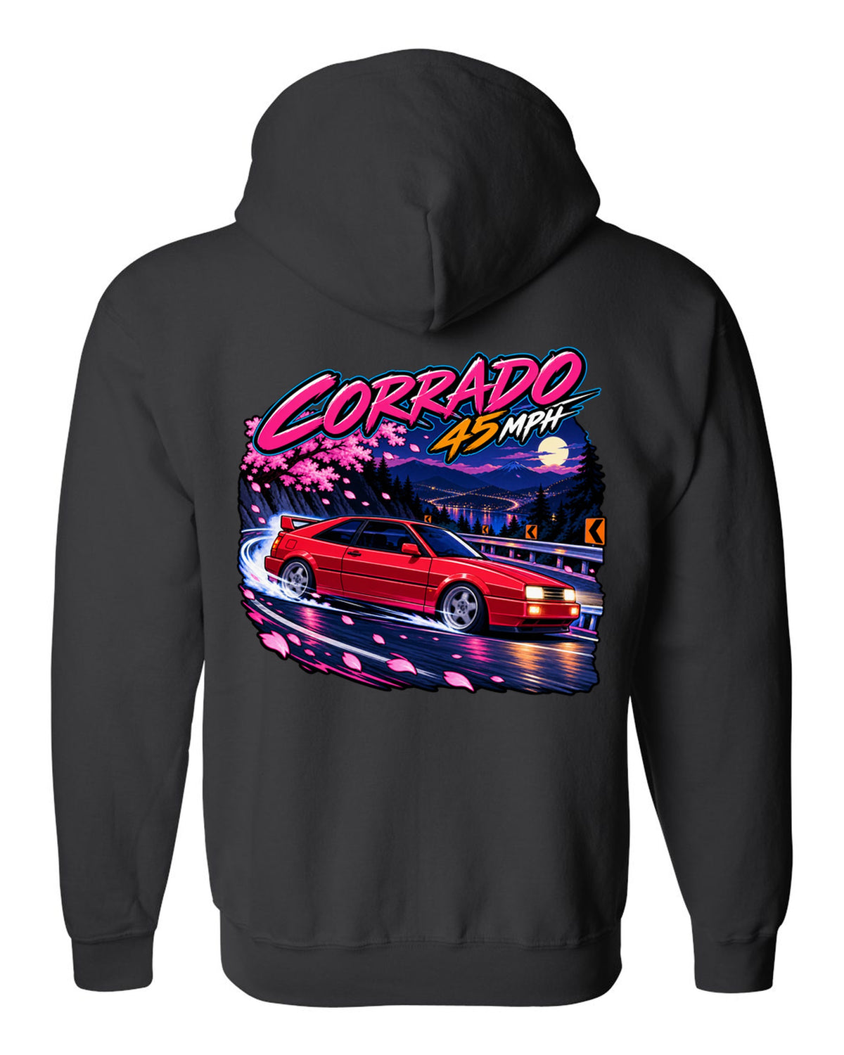 Cel-shaded anime night touge hairpin scene of a VW Corrado VR6 with Corrado 45 mph text black zip hoodie back view with the design
