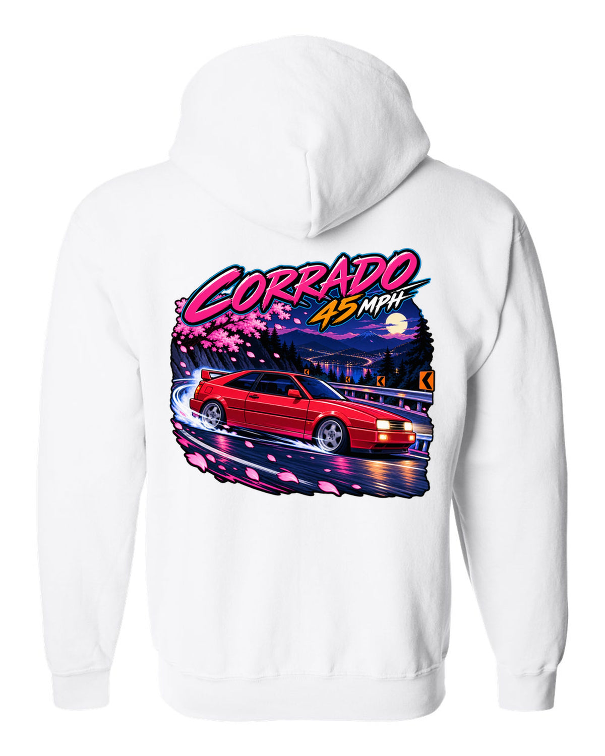 Cel-shaded anime night touge hairpin scene of a VW Corrado VR6 with Corrado 45 mph text white zip hoodie back view with the design