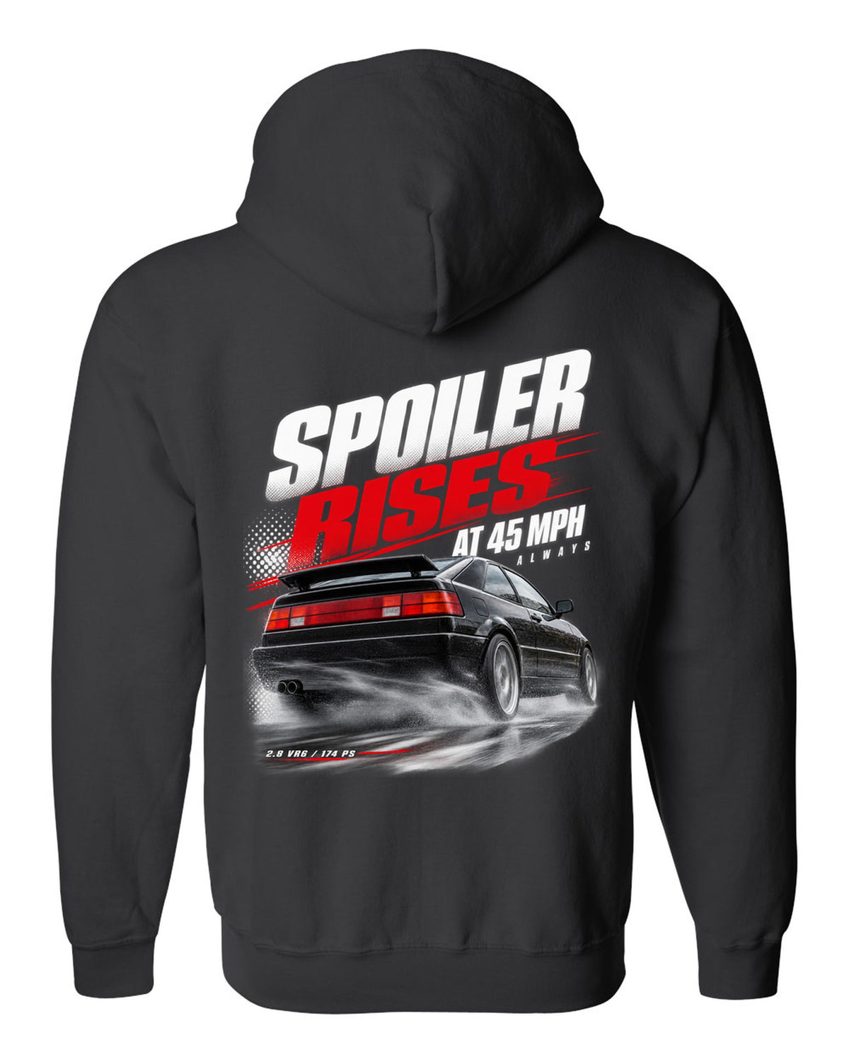 Race poster print of a VW Corrado VR6 rear three-quarter with spoiler rises at 45 mph text black zip hoodie back view with the design