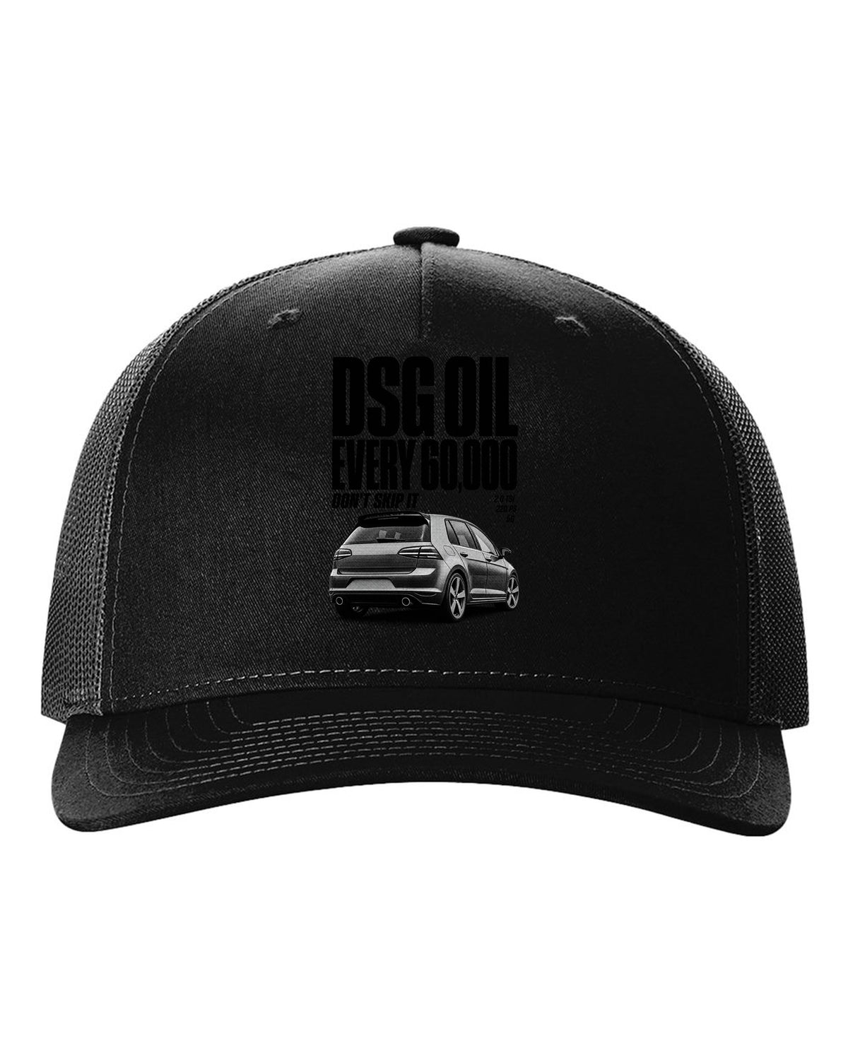Halftone print of a VW Golf Mk7 GTI rear three-quarter with DSG oil service reminder text black hat front view with the design