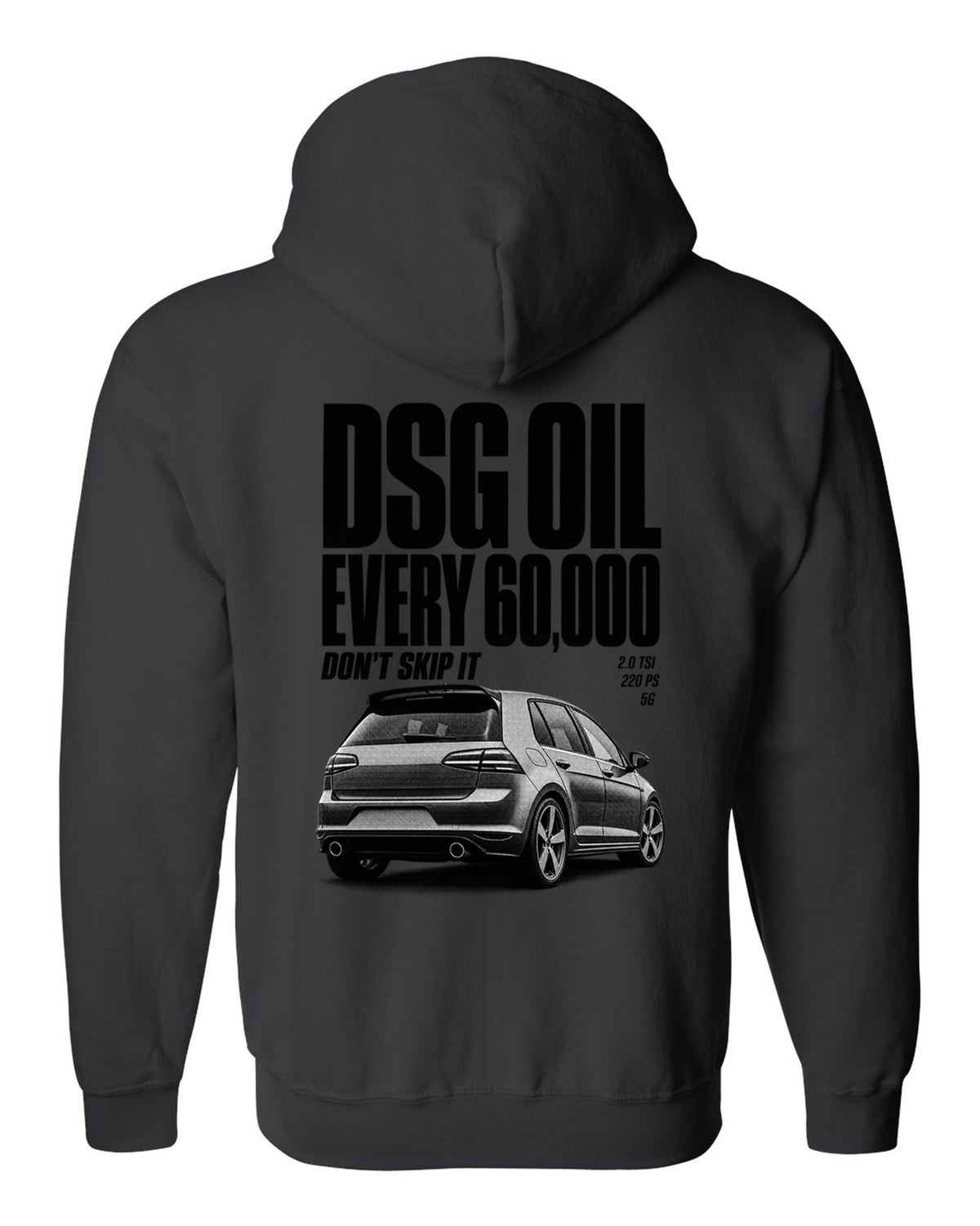 Halftone print of a VW Golf Mk7 GTI rear three-quarter with DSG oil service reminder text black zip hoodie back view with the design