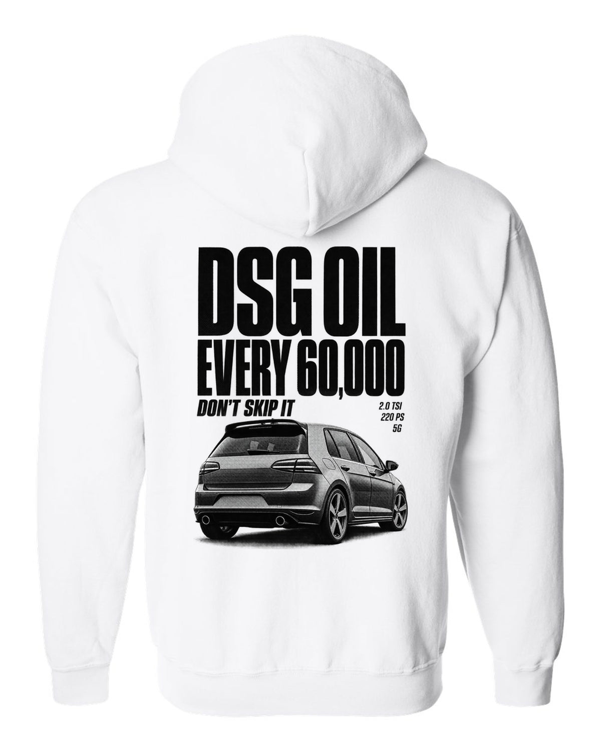 Halftone print of a VW Golf Mk7 GTI rear three-quarter with DSG oil service reminder text white zip hoodie back view with the design