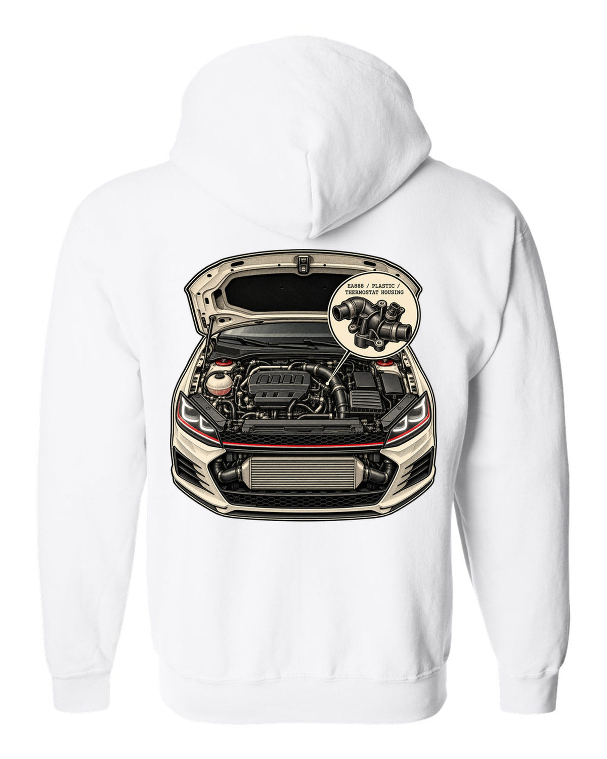Patent line art of a VW Golf Mk7 GTI engine bay labelled EA888 plastic thermostat housing white zip hoodie back view with the design