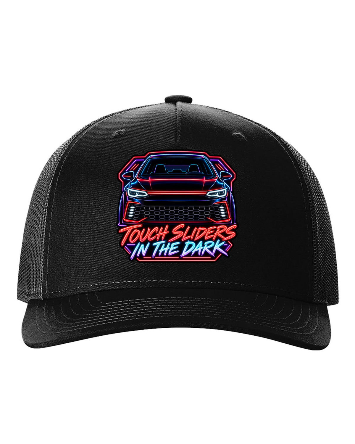 Neon sign line art of a VW Golf Mk8 GTI with touch sliders in the dark text black hat front view with the design