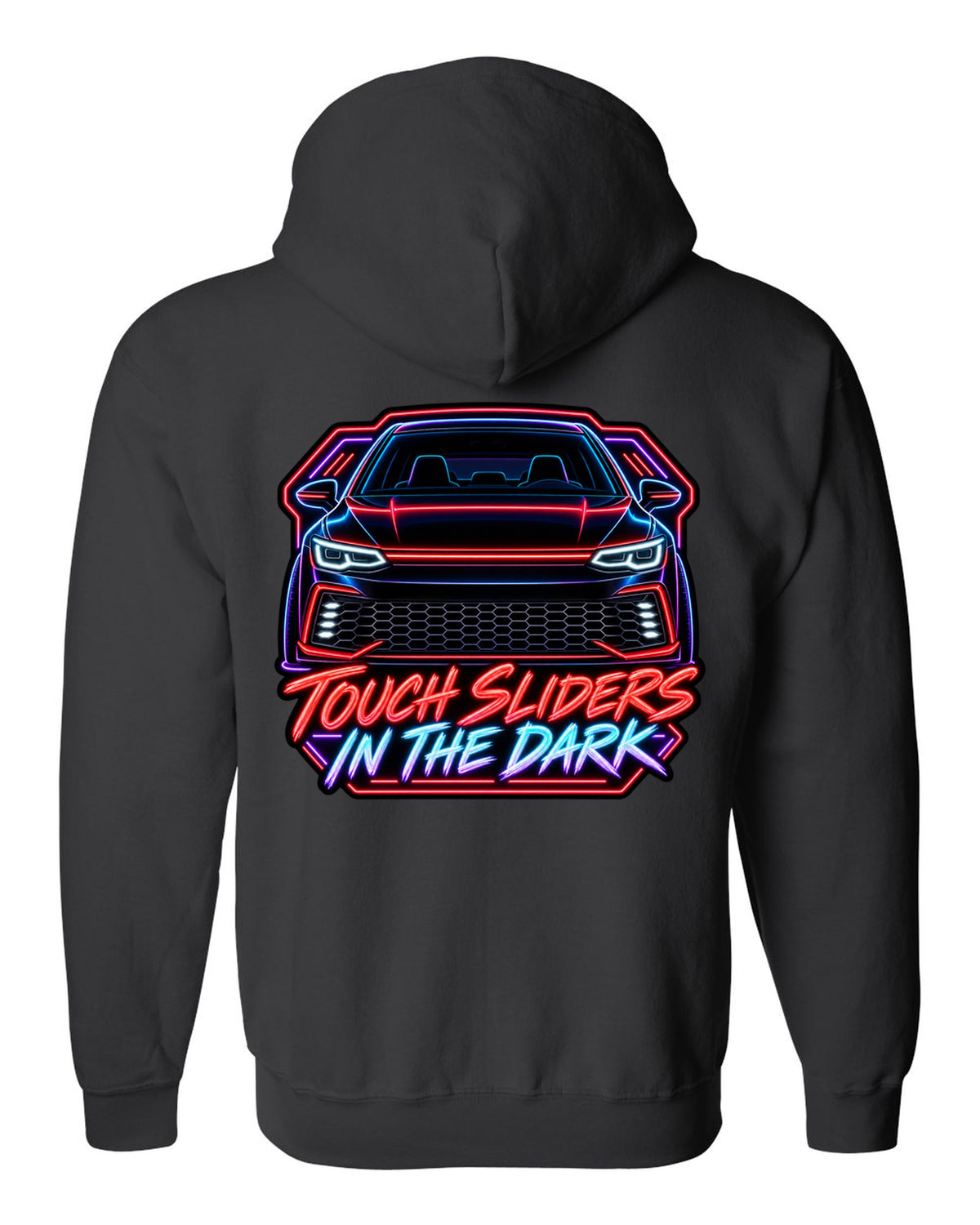 Neon sign line art of a VW Golf Mk8 GTI with touch sliders in the dark text black zip hoodie back view with the design
