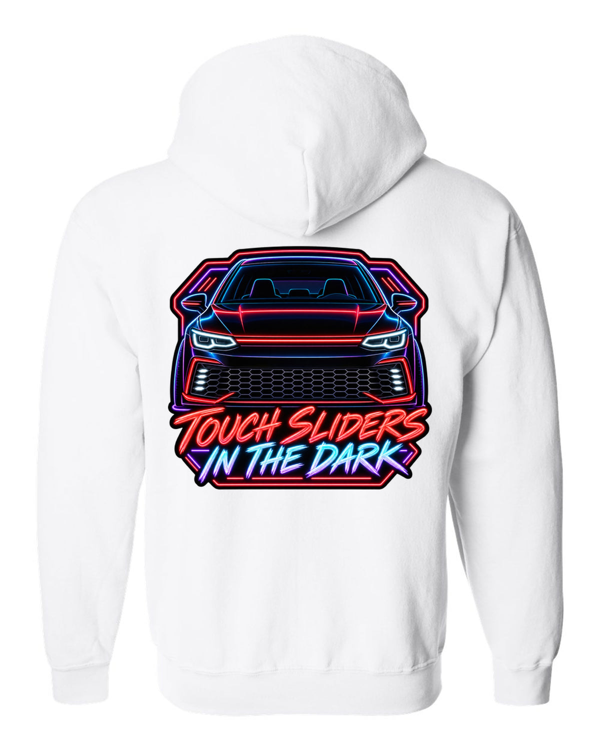Neon sign line art of a VW Golf Mk8 GTI with touch sliders in the dark text white zip hoodie back view with the design