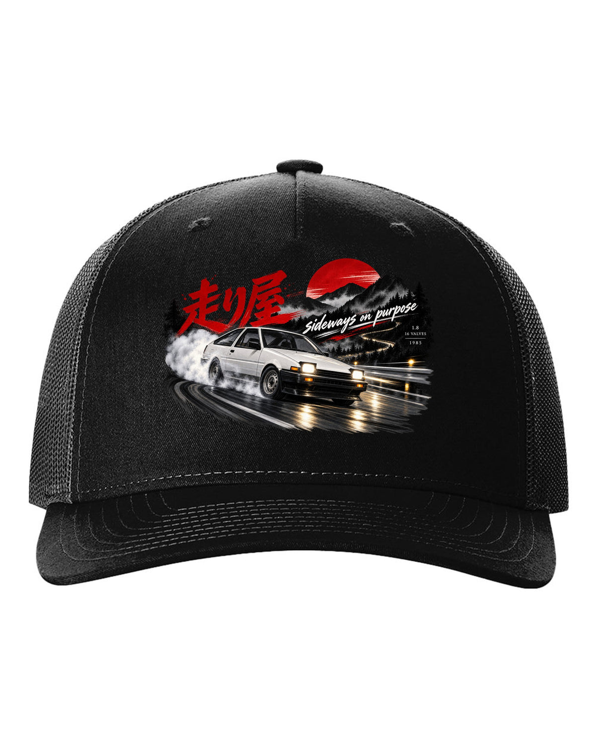 VW Golf Mk2 16V front three-quarter sliding at night with touge kanji black hat front view with the design