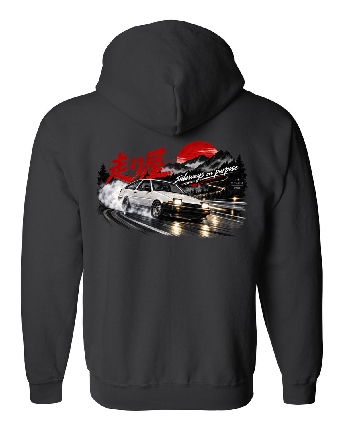 VW Golf Mk2 16V front three-quarter sliding at night with touge kanji black zip hoodie back view with the design