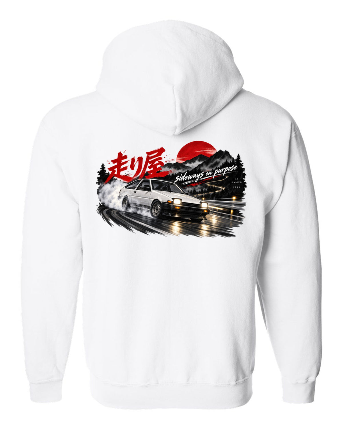 VW Golf Mk2 16V front three-quarter sliding at night with touge kanji white zip hoodie back view with the design