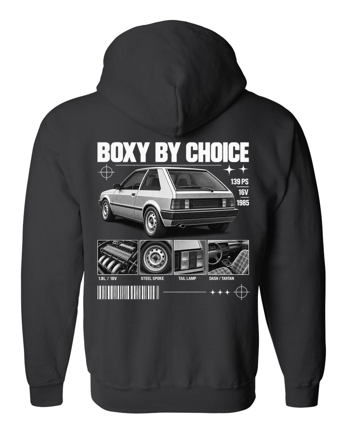 VW Golf Mk2 GTI 16V 1985 rear three-quarter in dossier panels with 139 PS text black zip hoodie back view with the design
