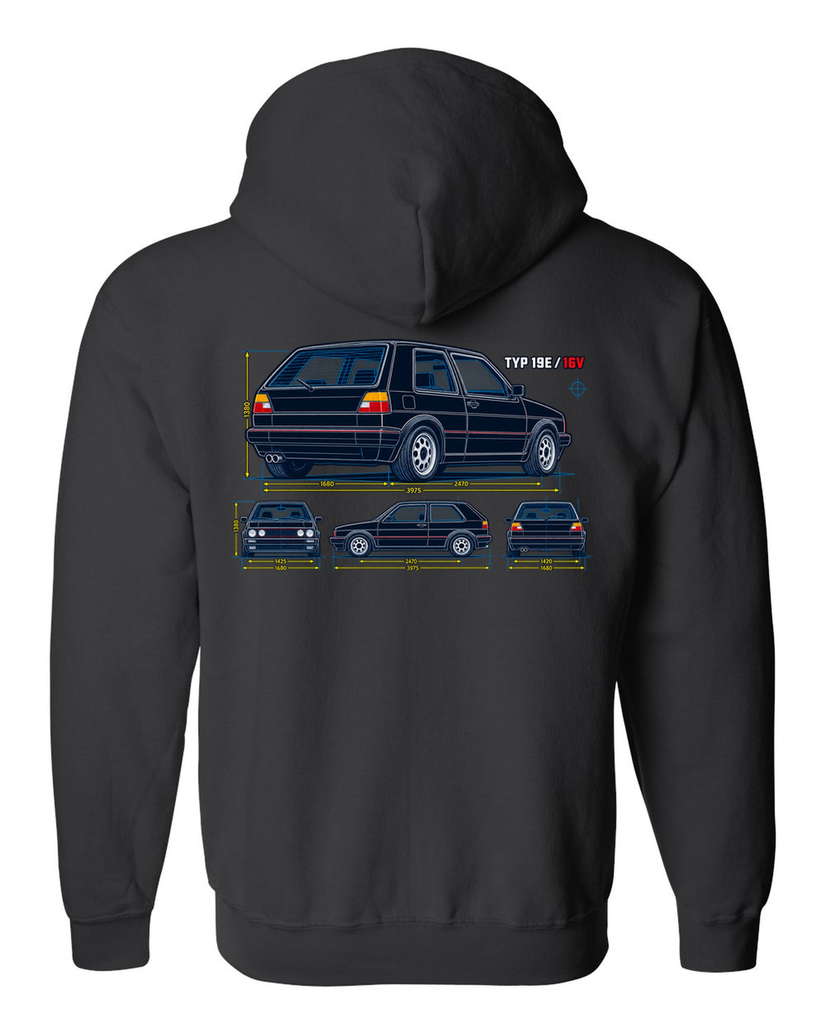 Blueprint line art print of a VW Golf Mk2 GTI 16V with Typ 19E text black zip hoodie back view with the design