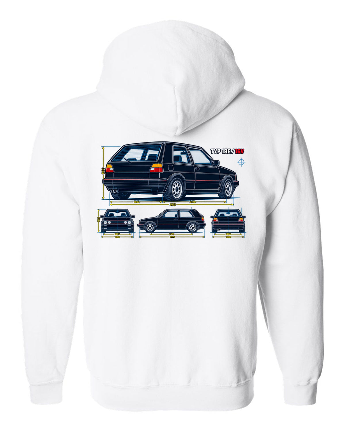 Blueprint line art print of a VW Golf Mk2 GTI 16V with Typ 19E text white zip hoodie back view with the design