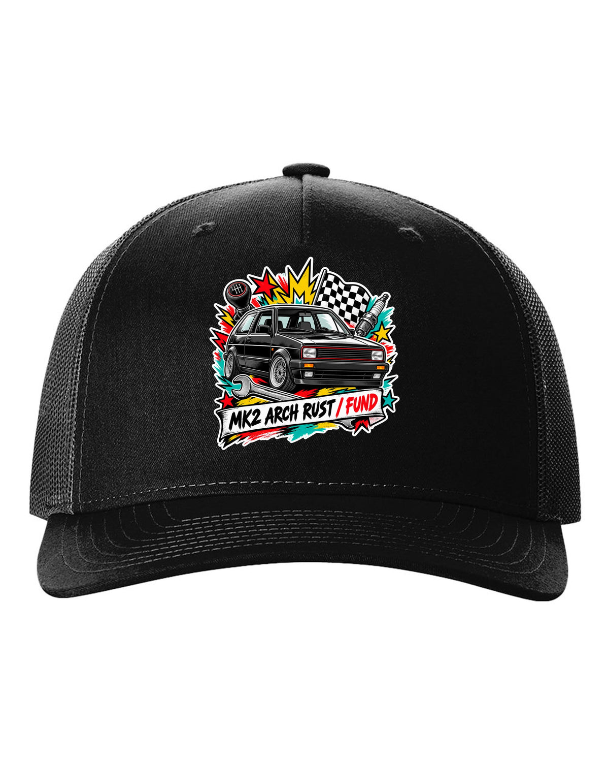 Sticker bomb collage print of a VW Golf Mk2 GTI with arch rust fund text black hat front view with the design