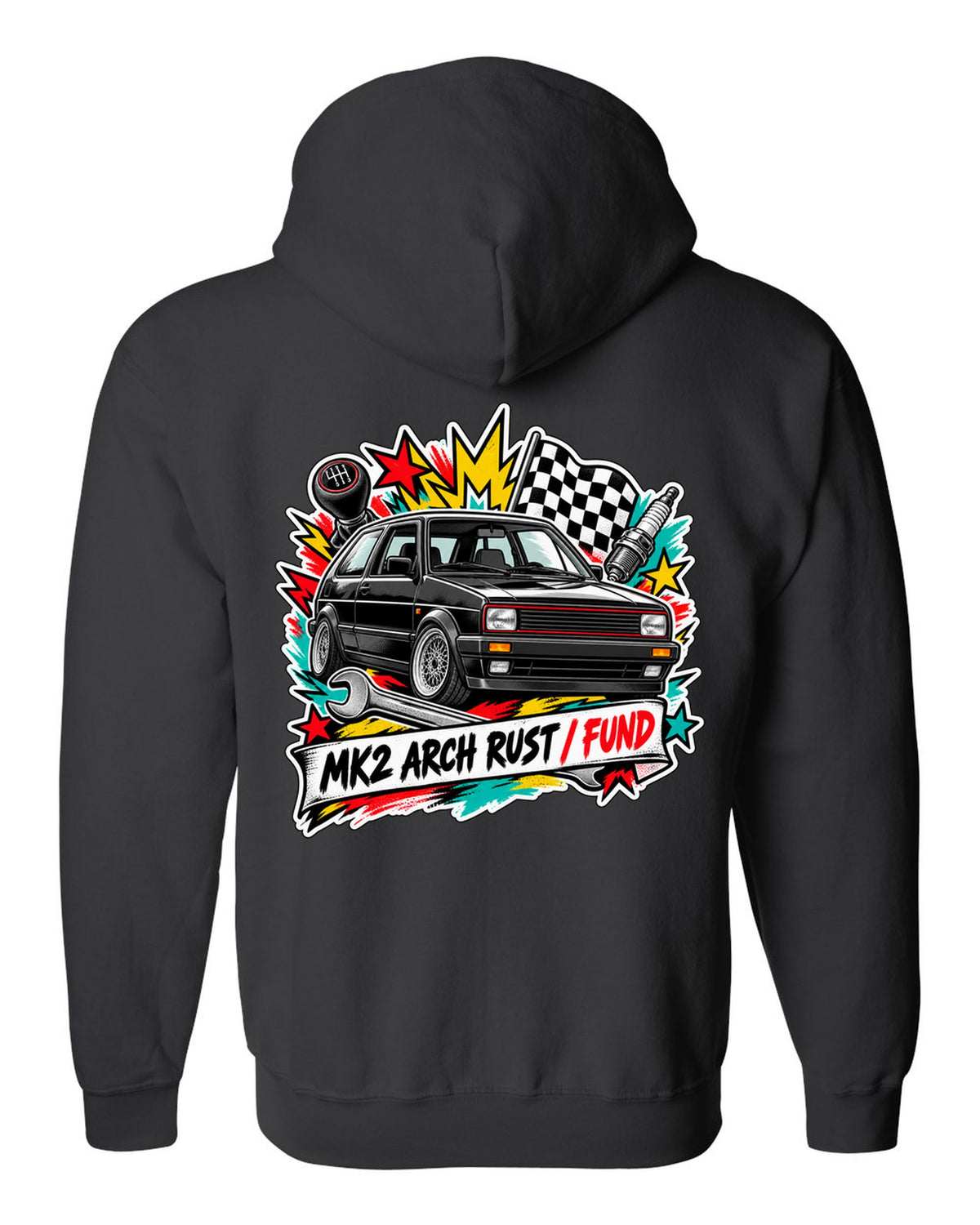 Sticker bomb collage print of a VW Golf Mk2 GTI with arch rust fund text black zip hoodie back view with the design
