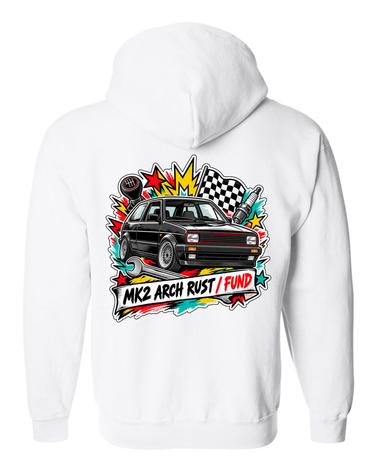 Sticker bomb collage print of a VW Golf Mk2 GTI with arch rust fund text white zip hoodie back view with the design