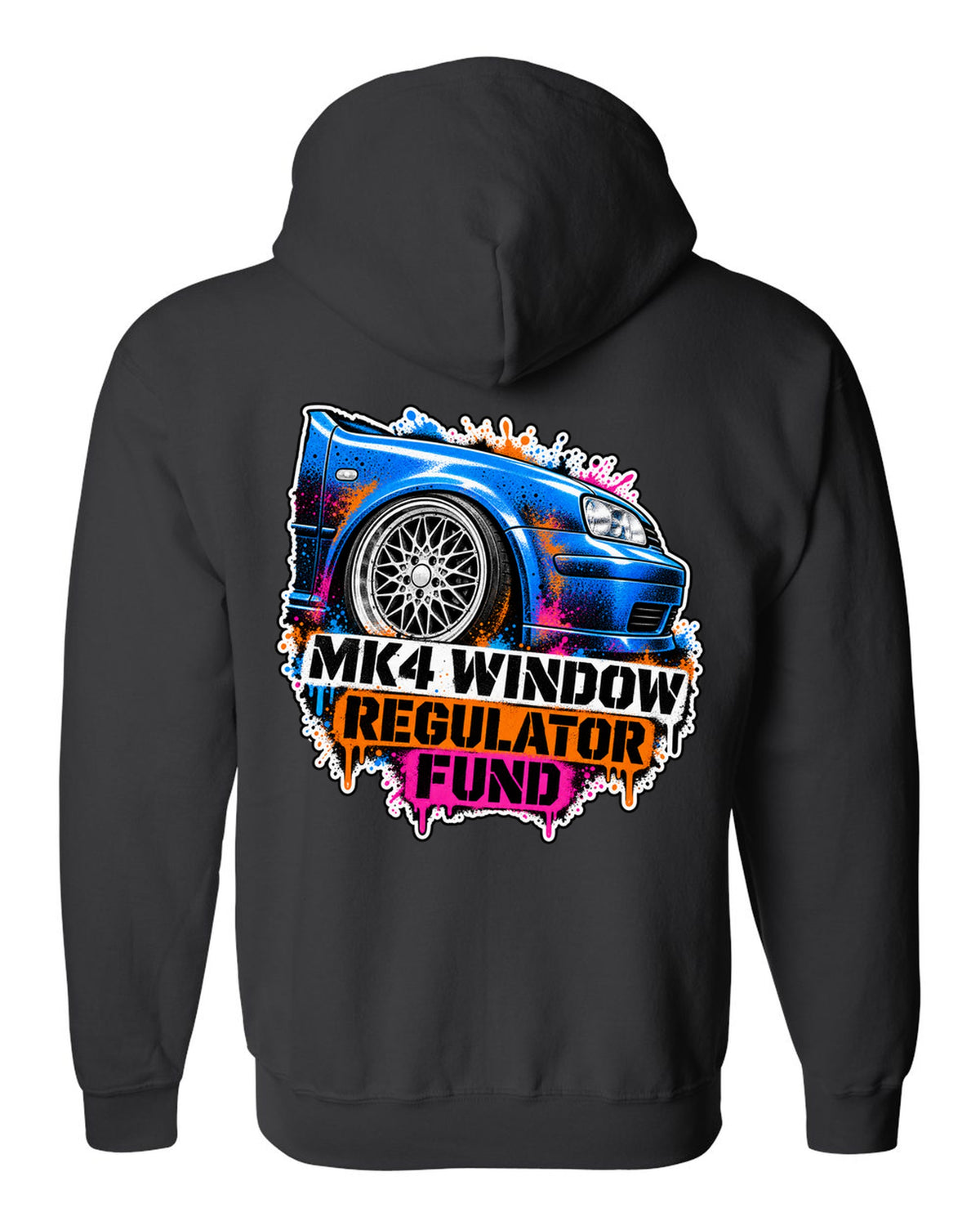 Stencil spray print of a VW Golf Mk4 with mesh wheels and window regulator fund text black zip hoodie back view with the design