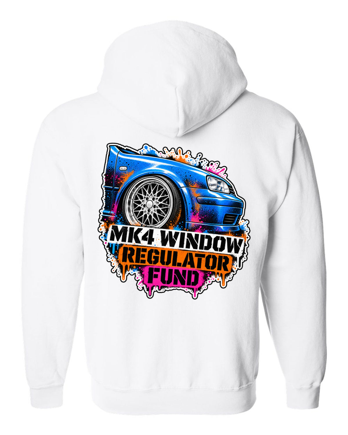Stencil spray print of a VW Golf Mk4 with mesh wheels and window regulator fund text white zip hoodie back view with the design