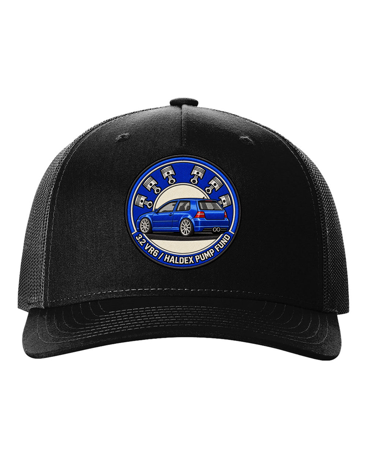 Varsity crest print for a VW Golf R32 Mk4 with 3.2 VR6 and Haldex pump fund lettering black hat front view with the design