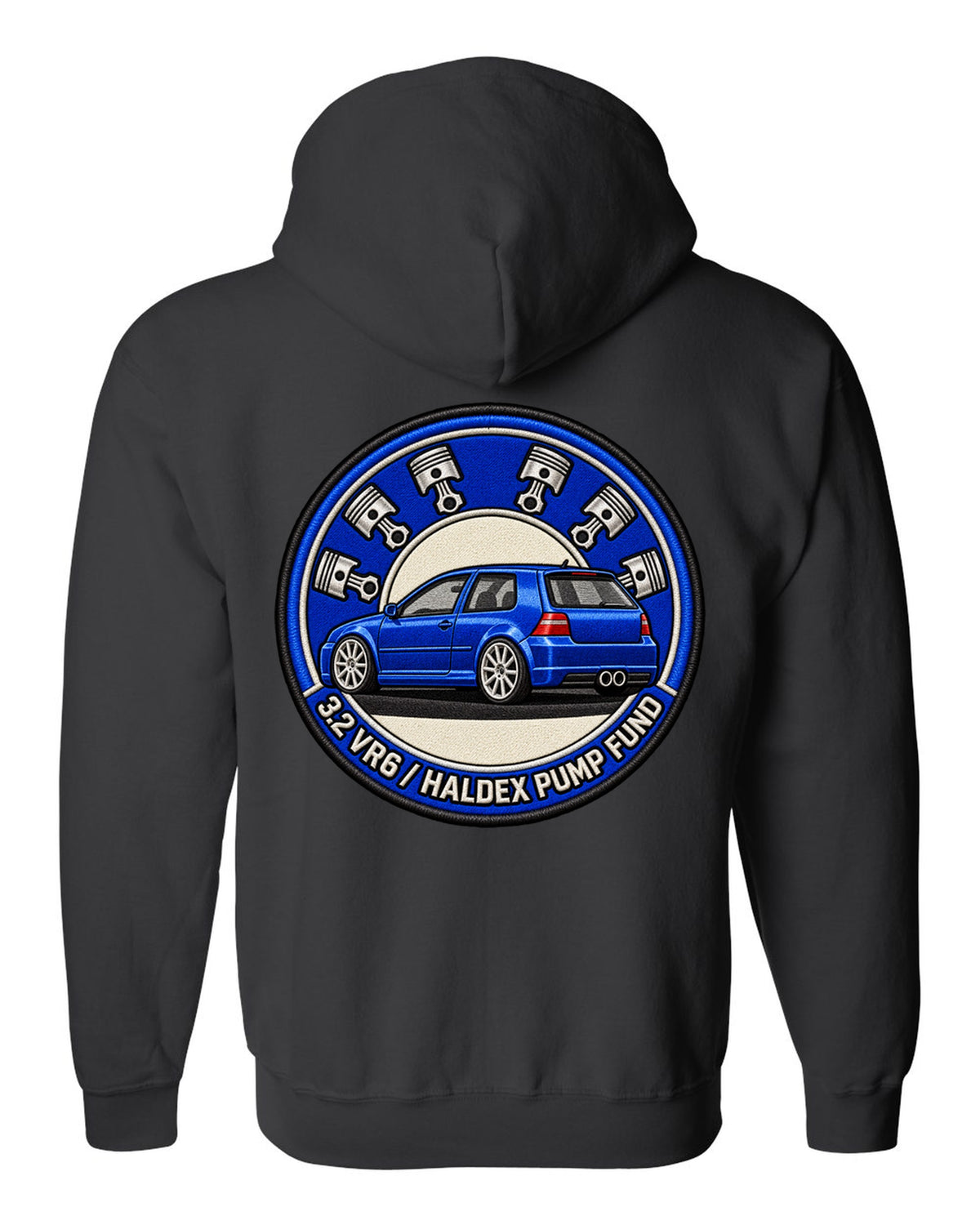 Varsity crest print for a VW Golf R32 Mk4 with 3.2 VR6 and Haldex pump fund lettering black zip hoodie back view with the design