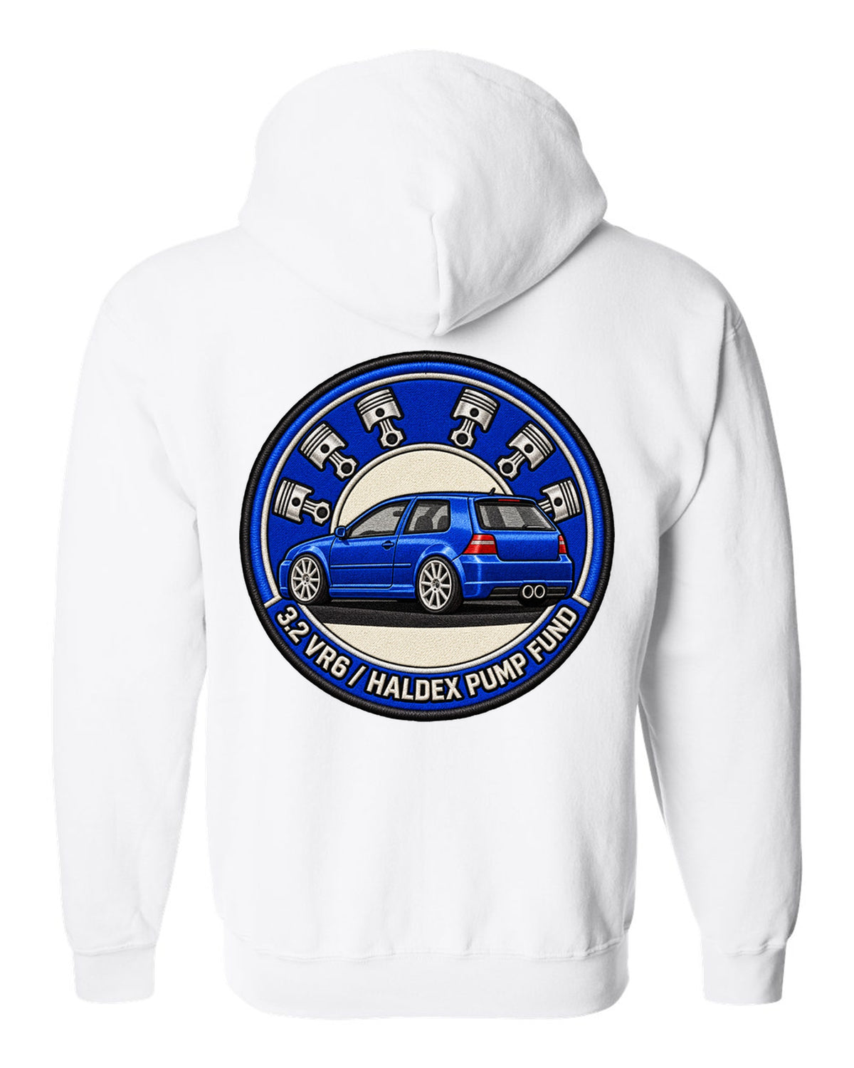 Varsity crest print for a VW Golf R32 Mk4 with 3.2 VR6 and Haldex pump fund lettering white zip hoodie back view with the design