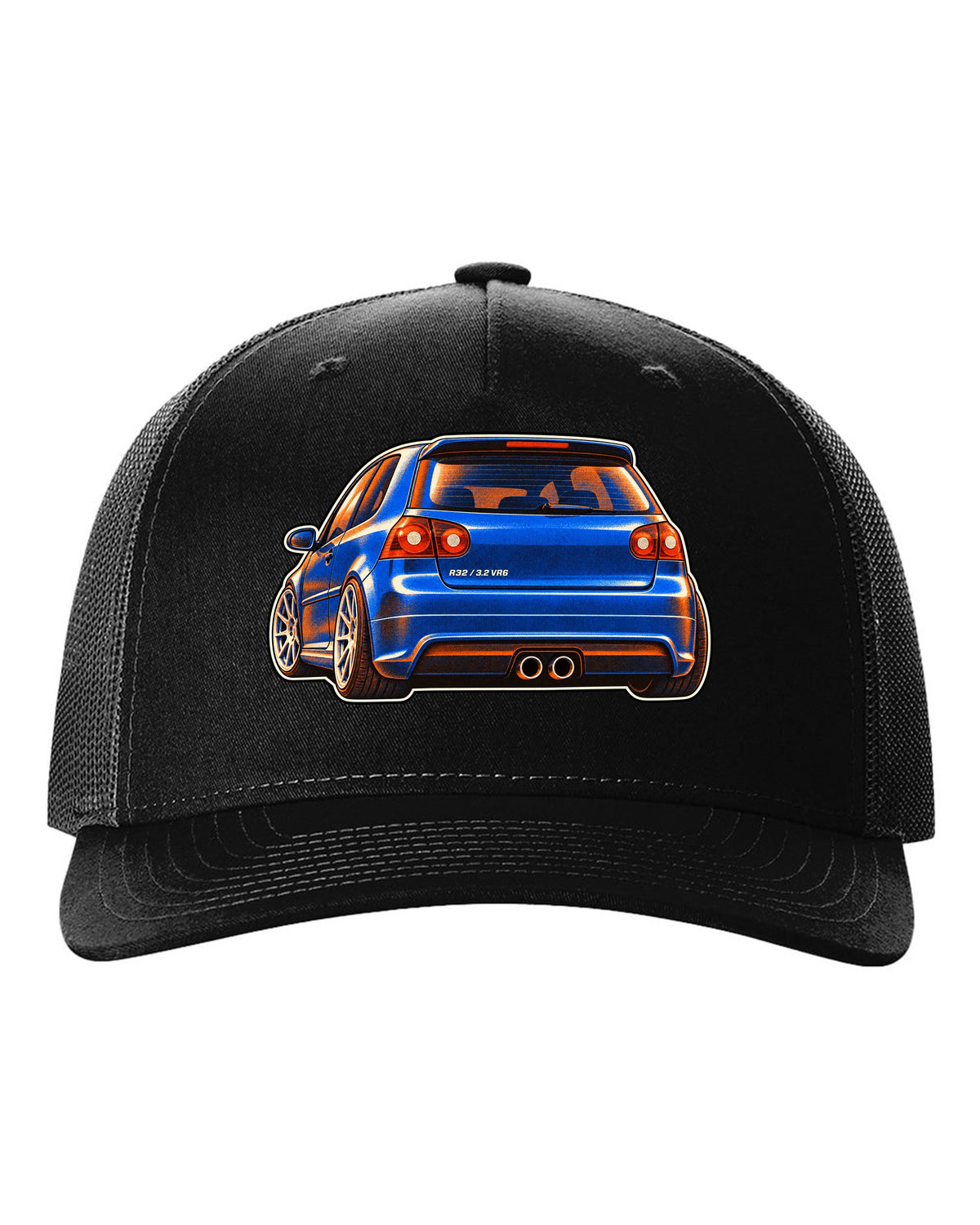 Risograph style print of a VW Golf R32 Mk5 with twin exhaust pipes and 3.2 VR6 text black hat front view with the design