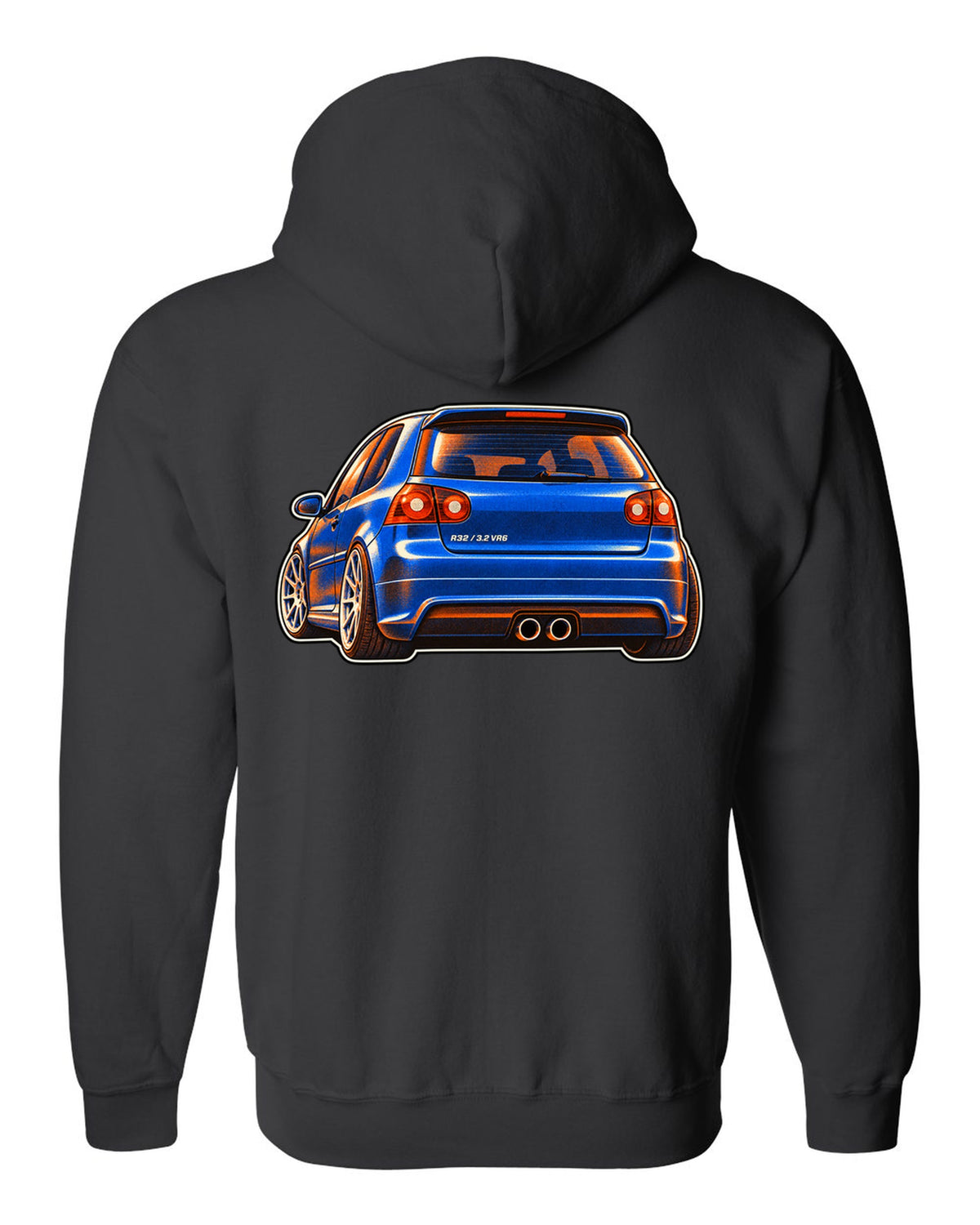 Risograph style print of a VW Golf R32 Mk5 with twin exhaust pipes and 3.2 VR6 text black zip hoodie back view with the design