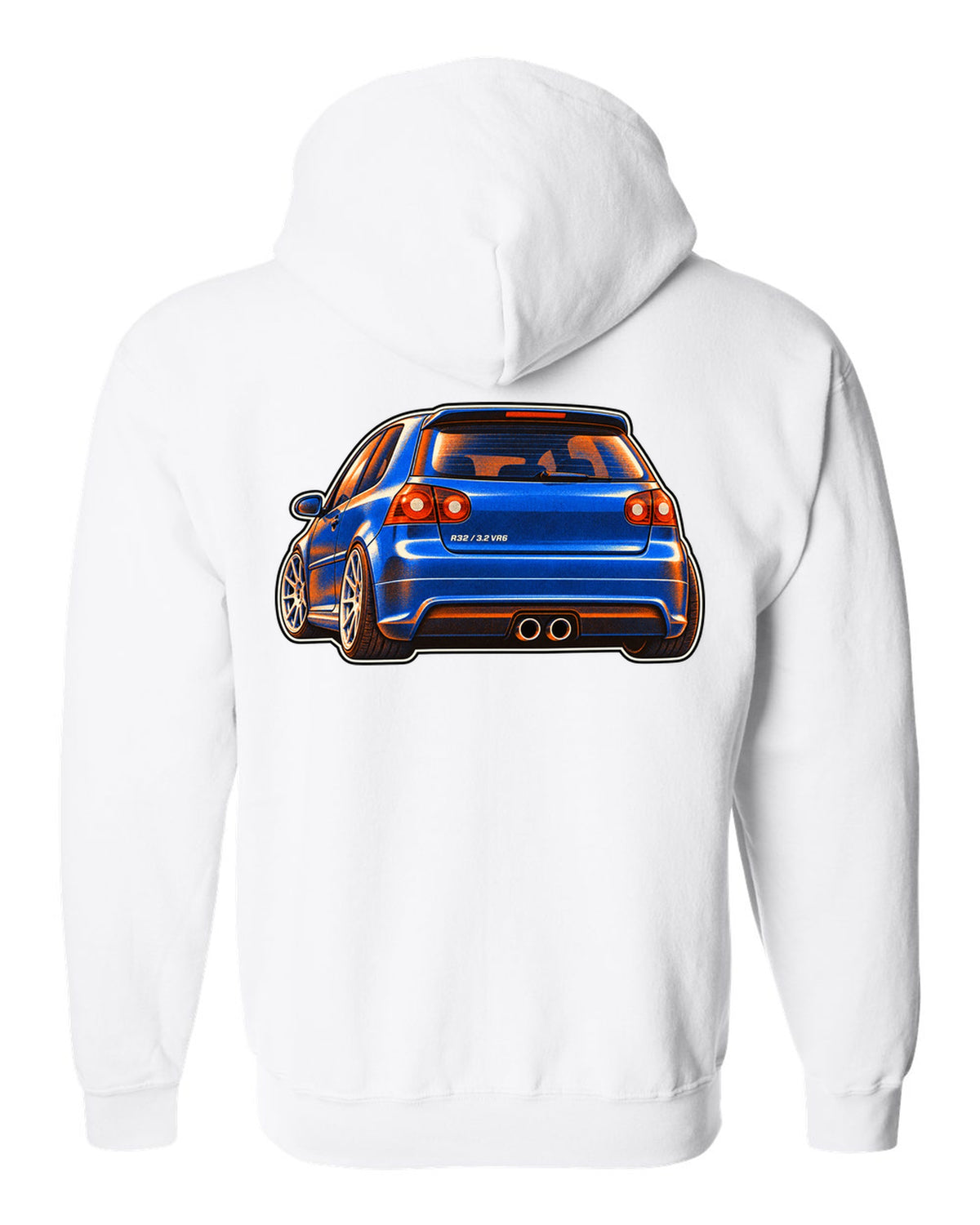 Risograph style print of a VW Golf R32 Mk5 with twin exhaust pipes and 3.2 VR6 text white zip hoodie back view with the design