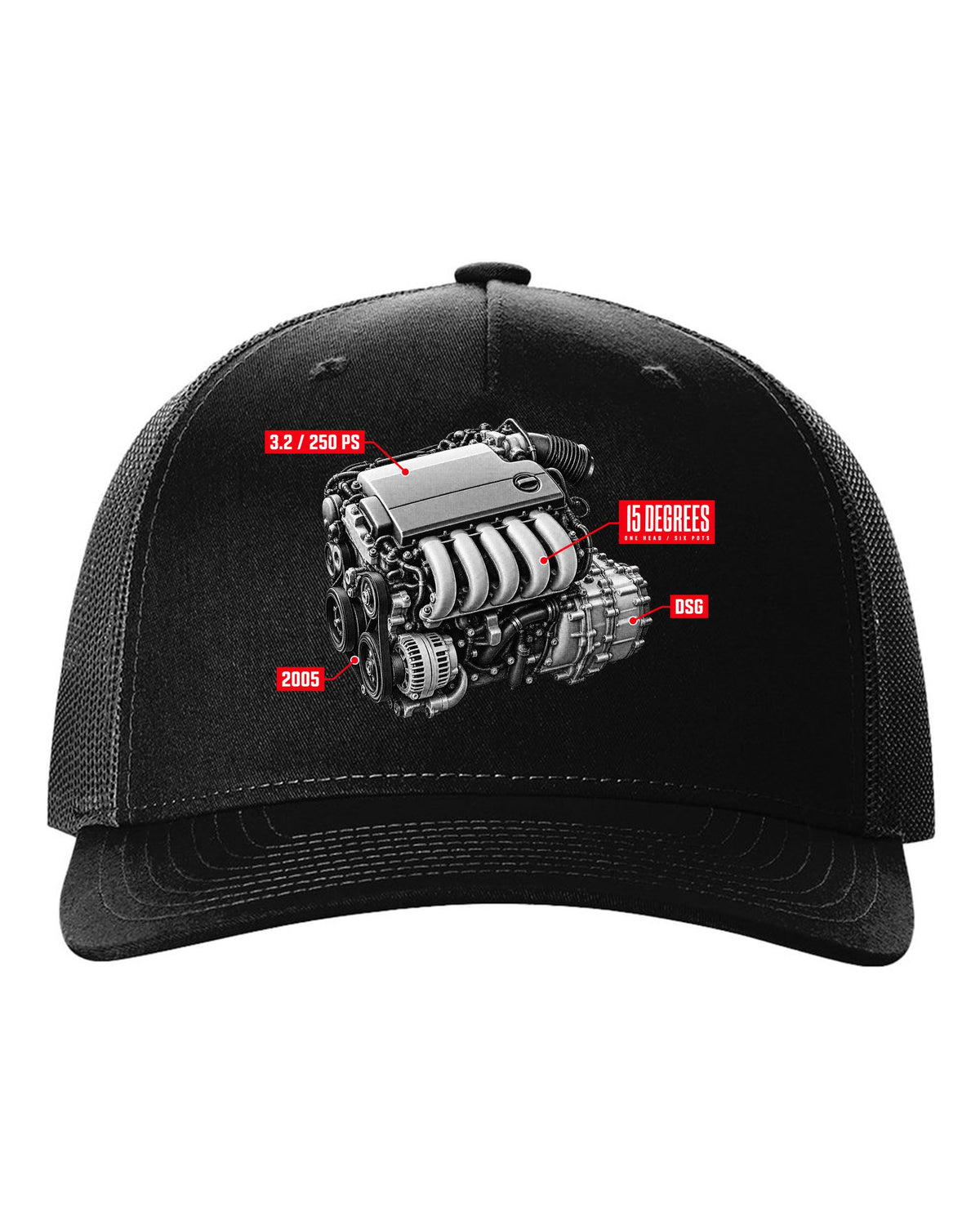 VW Golf R32 Mk5 2005 VR6 engine hero design with 15 degrees one head text black hat front view with the design