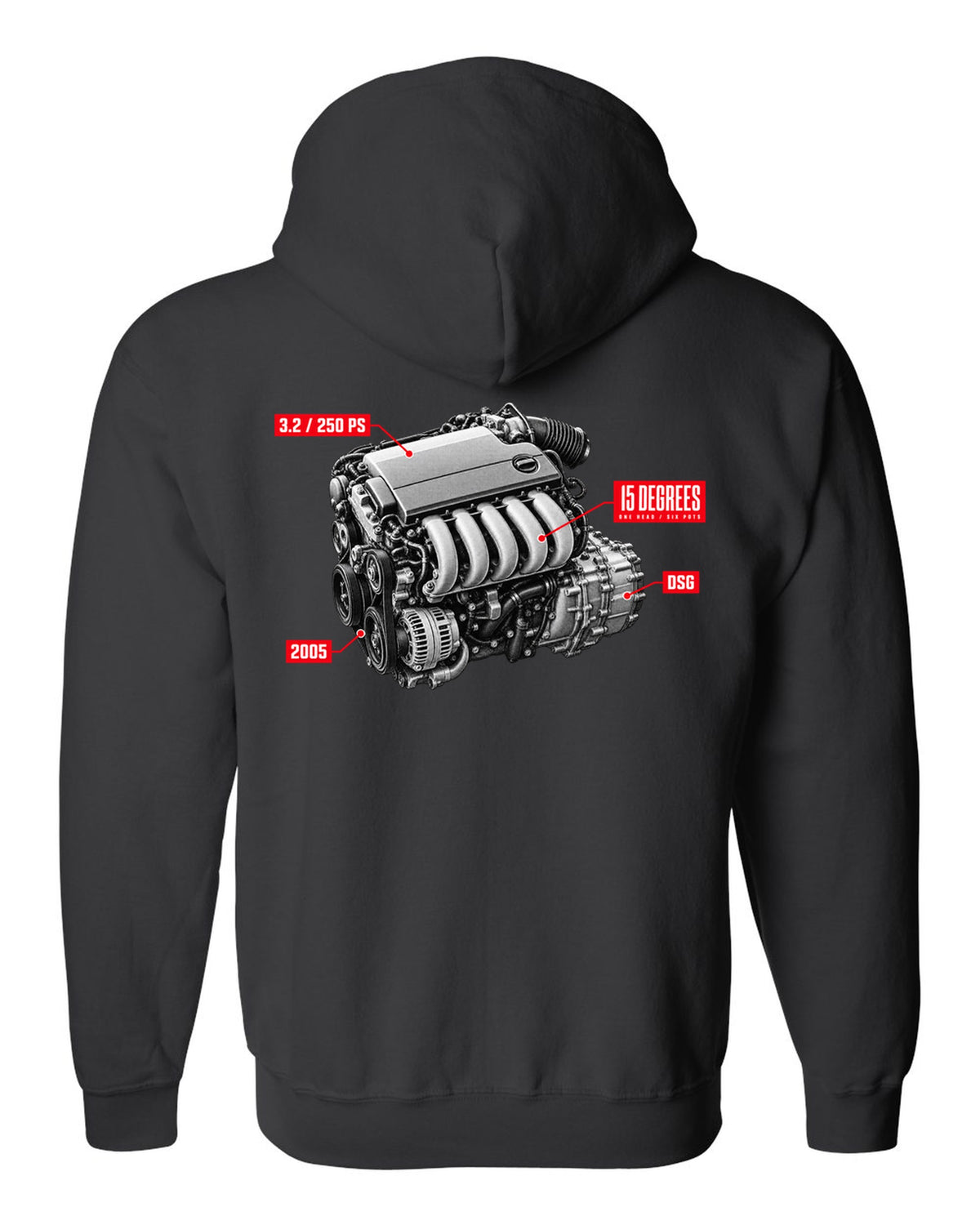 VW Golf R32 Mk5 2005 VR6 engine hero design with 15 degrees one head text black zip hoodie back view with the design