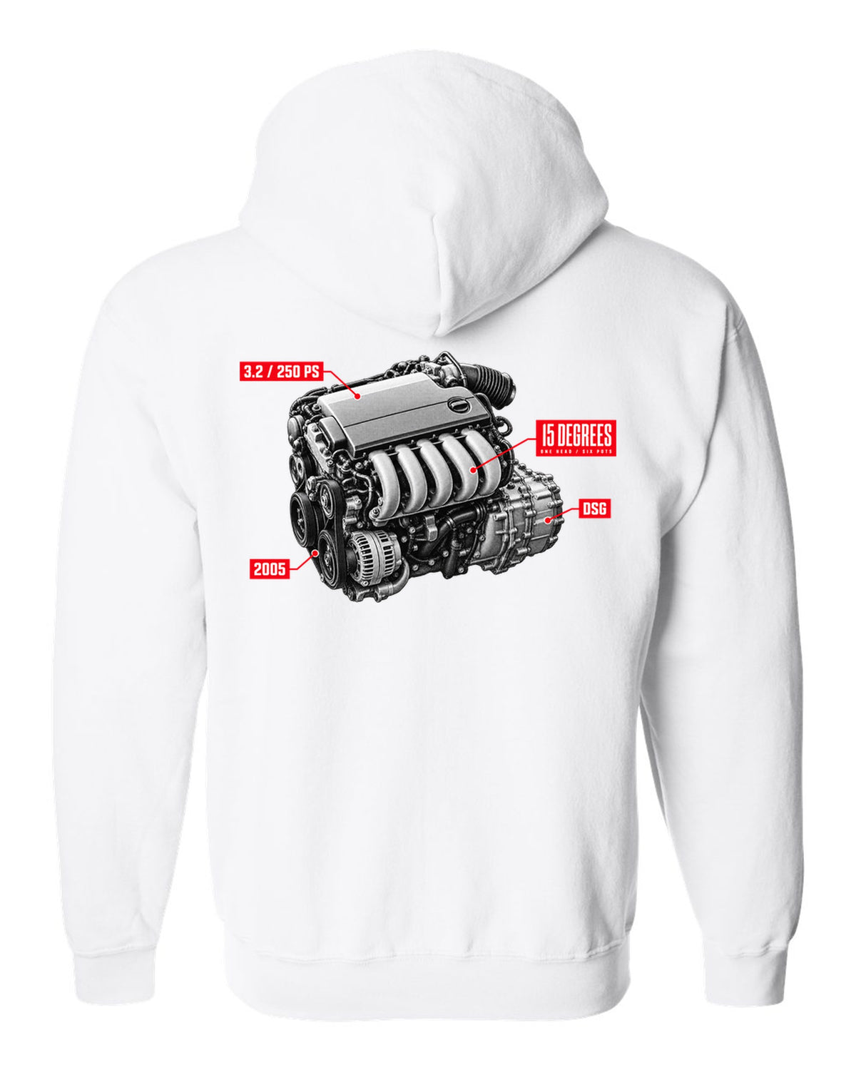 VW Golf R32 Mk5 2005 VR6 engine hero design with 15 degrees one head text white zip hoodie back view with the design