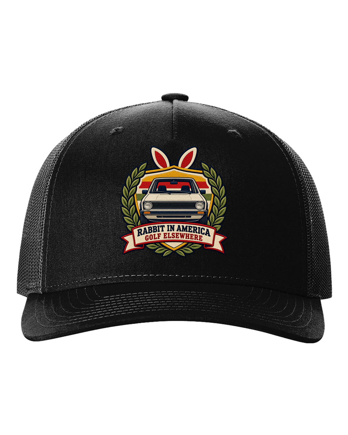 Varsity crest print of a VW Golf Mk1 Rabbit with Golf elsewhere text black hat front view with the design