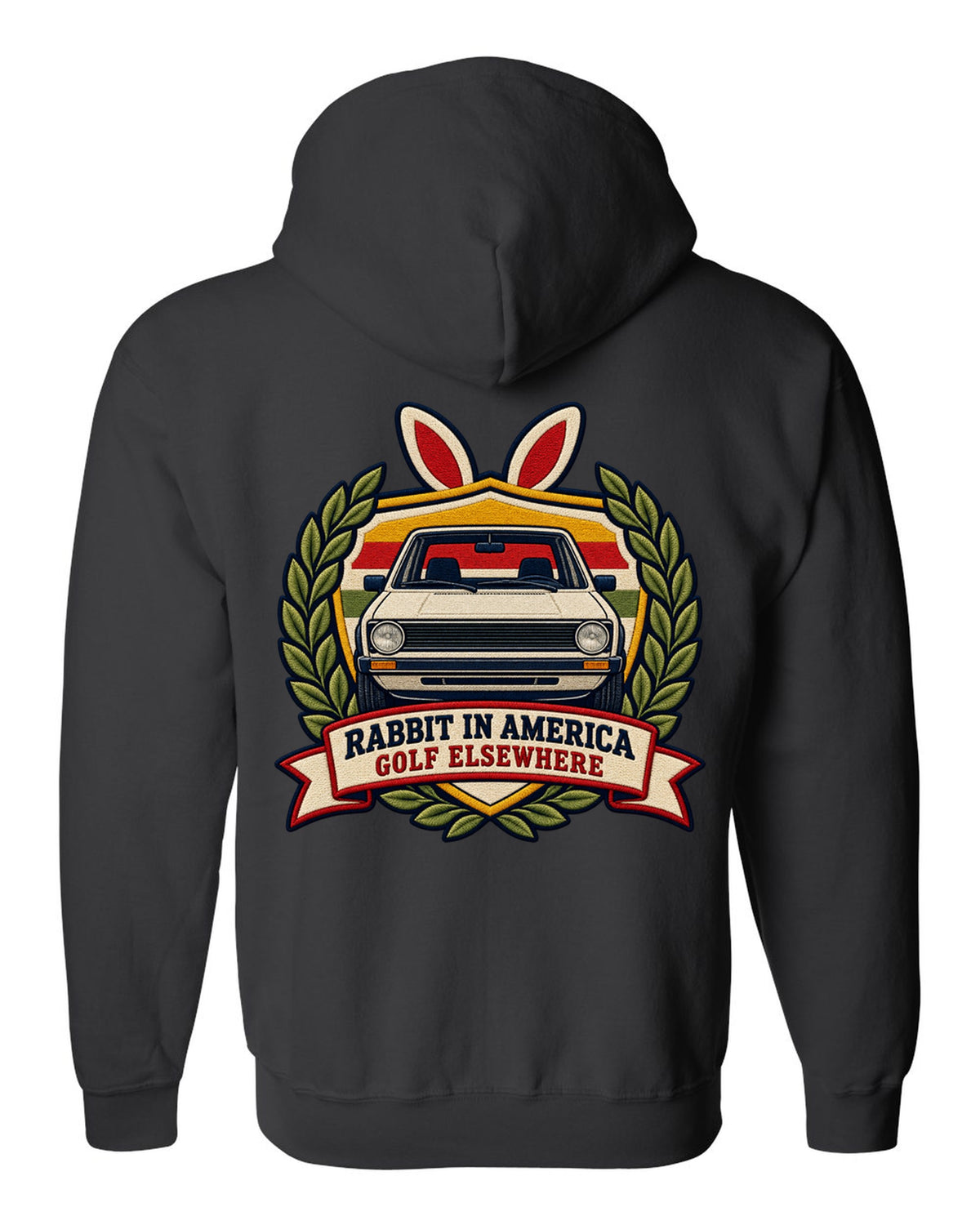 Varsity crest print of a VW Golf Mk1 Rabbit with Golf elsewhere text black zip hoodie back view with the design