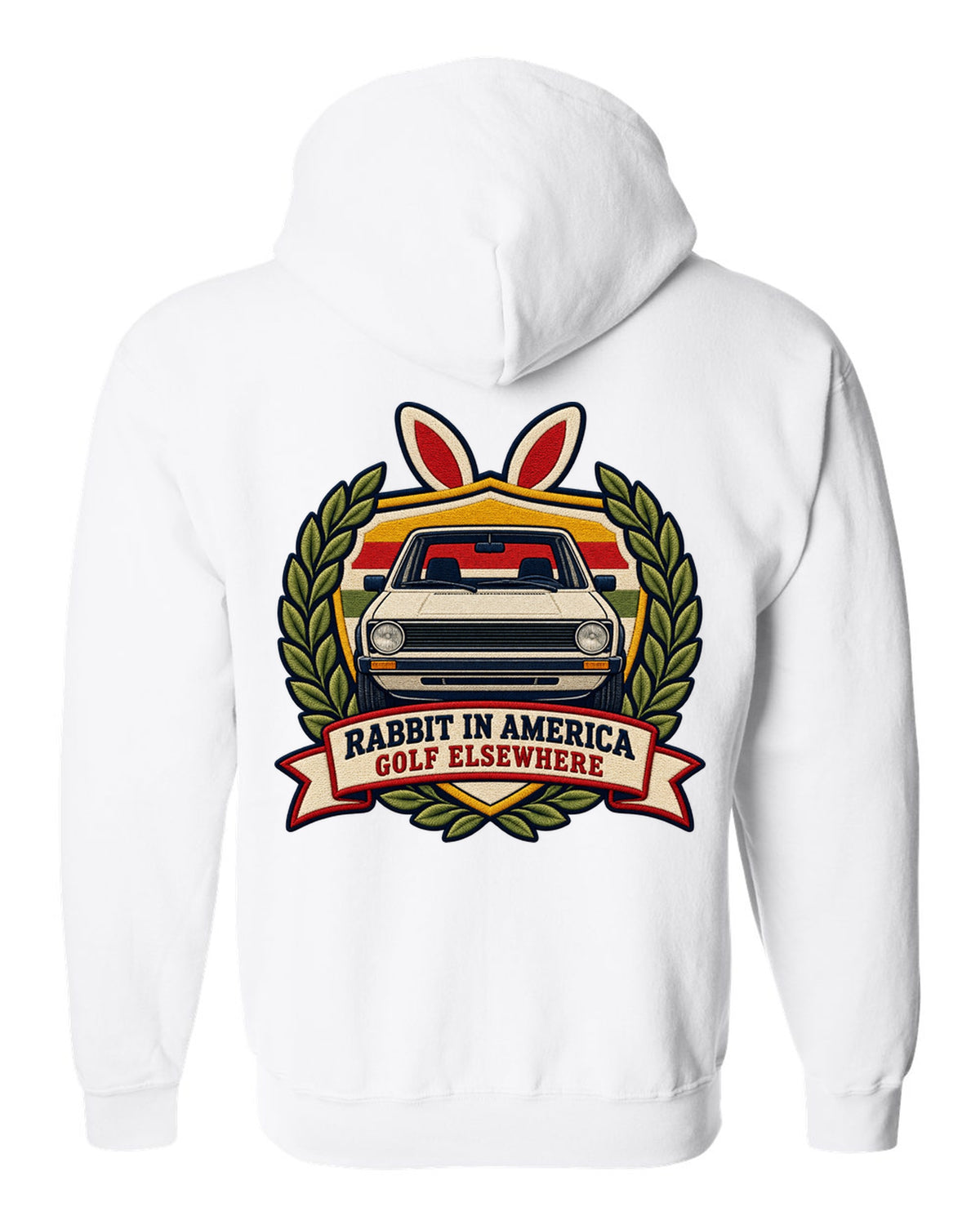 Varsity crest print of a VW Golf Mk1 Rabbit with Golf elsewhere text white zip hoodie back view with the design