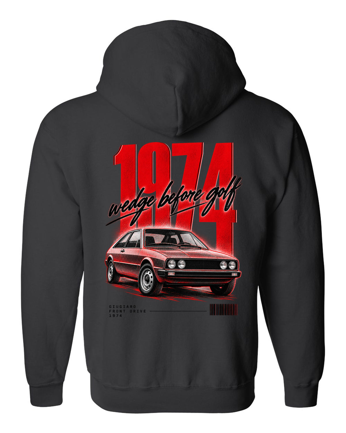 Street poster print of a VW Scirocco Mk1 front three-quarter with wedge before Golf 1974 text black zip hoodie back view with the design