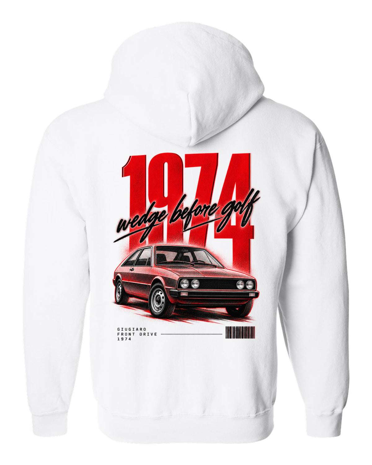 Street poster print of a VW Scirocco Mk1 front three-quarter with wedge before Golf 1974 text white zip hoodie back view with the design