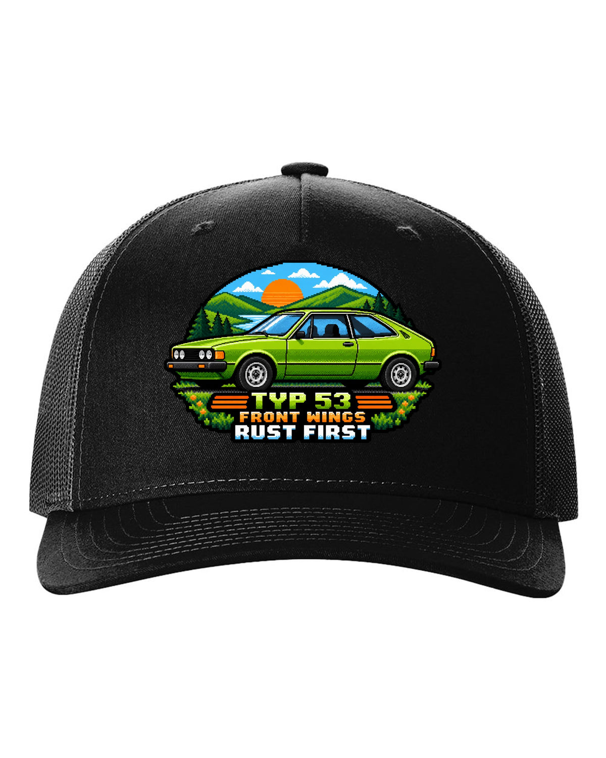 8/16-bit pixel art of a VW Scirocco Mk1 Typ 53 with front wings rust first text black hat front view with the design